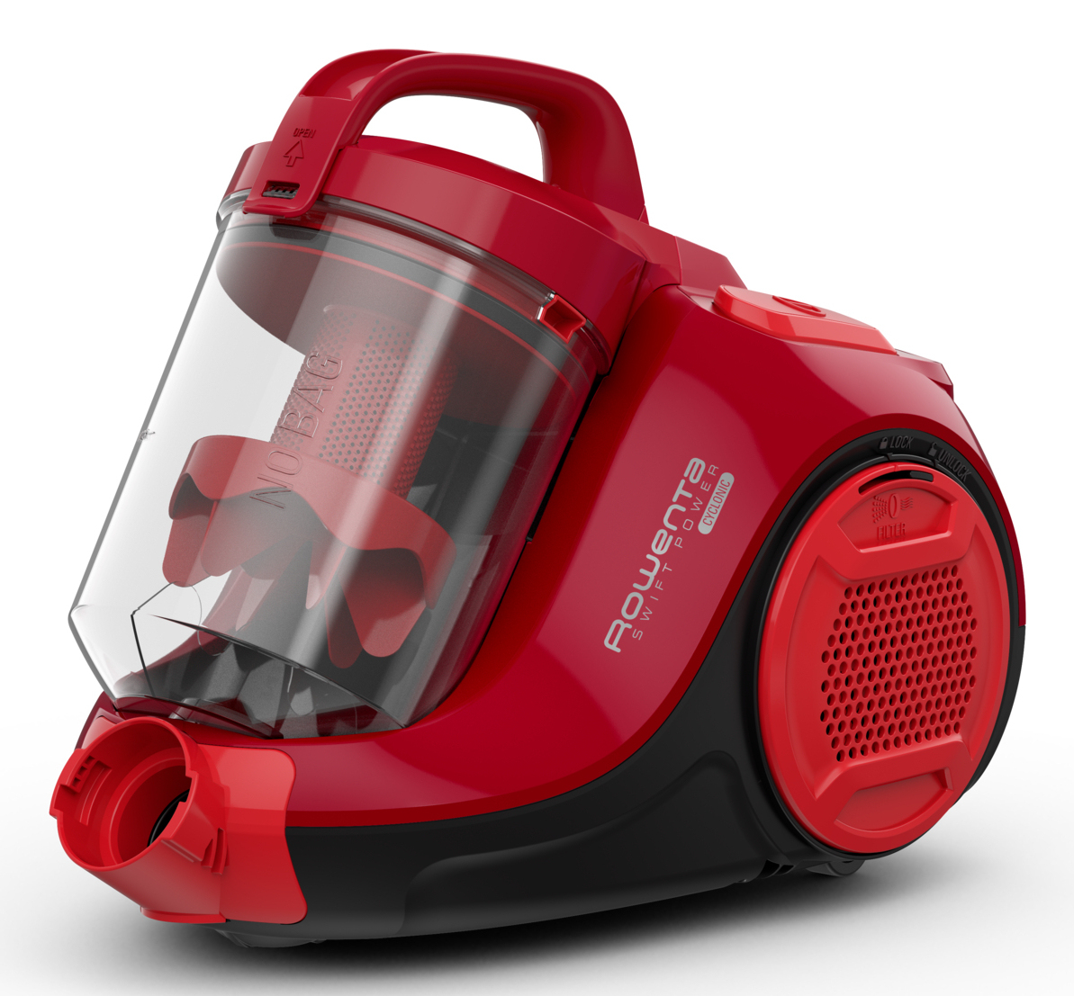 Aspirapolvere Rowenta Swift Power rosso con contenitore della polvere trasparente e manico.