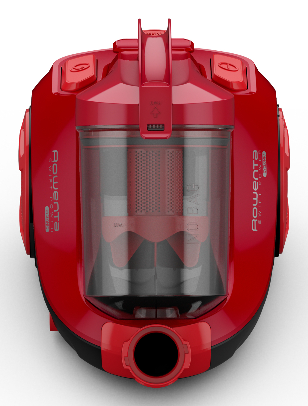 Un aspirapolvere Rowenta rosso. Ha un contenitore trasparente e le parole “NO BAG” sono visibili.