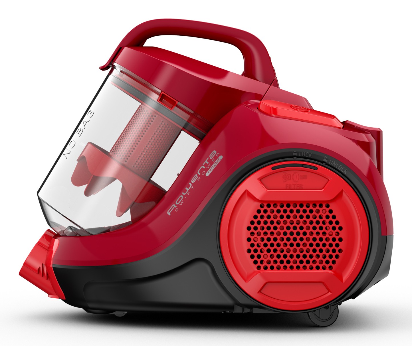 Aspirapolvere Rowenta Swift Power rosso e nero. Ha un contenitore della polvere e un filtro trasparenti.