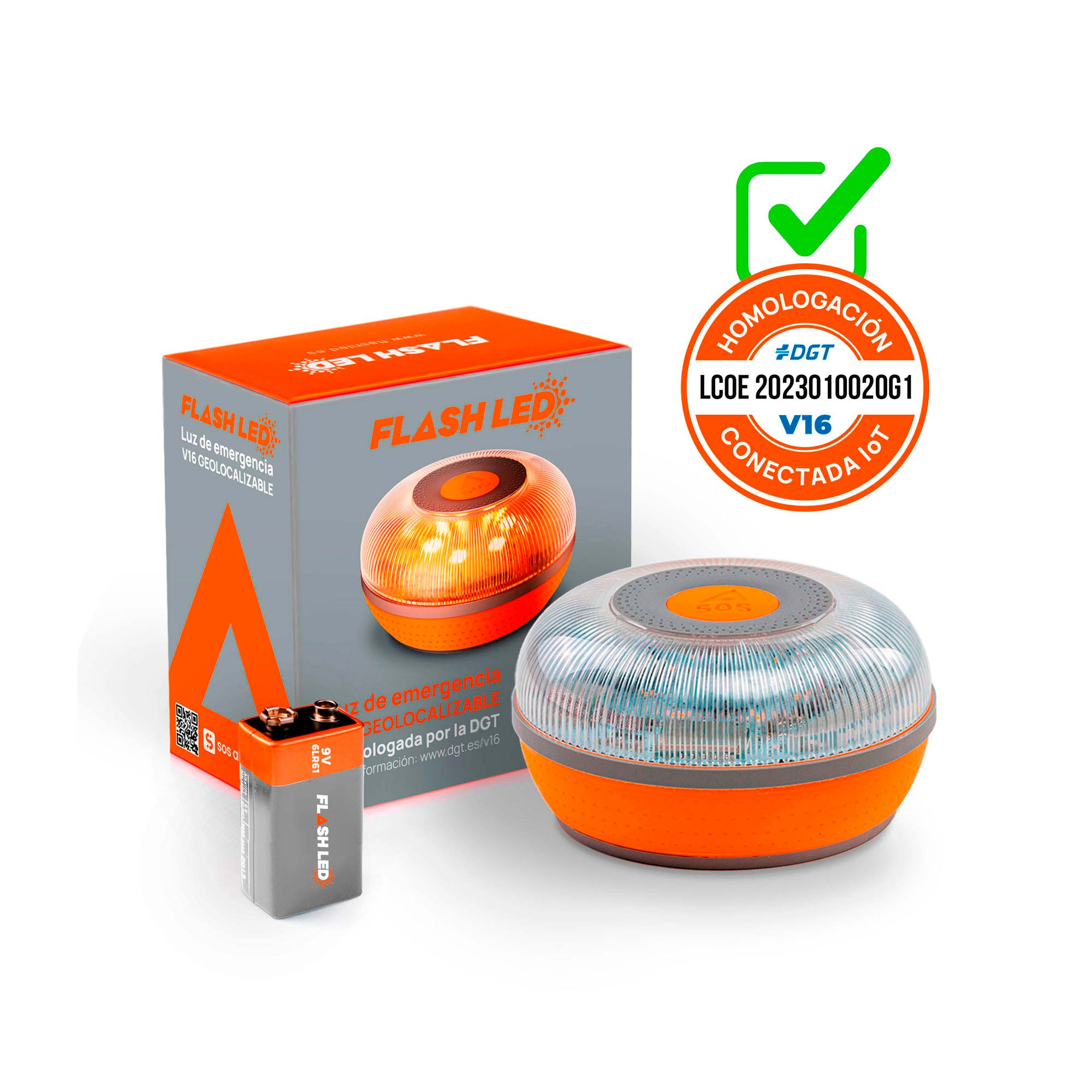 Luz LED de emergencia con caja y batería, mostrando colores naranja y azul. También una marca de verificación.