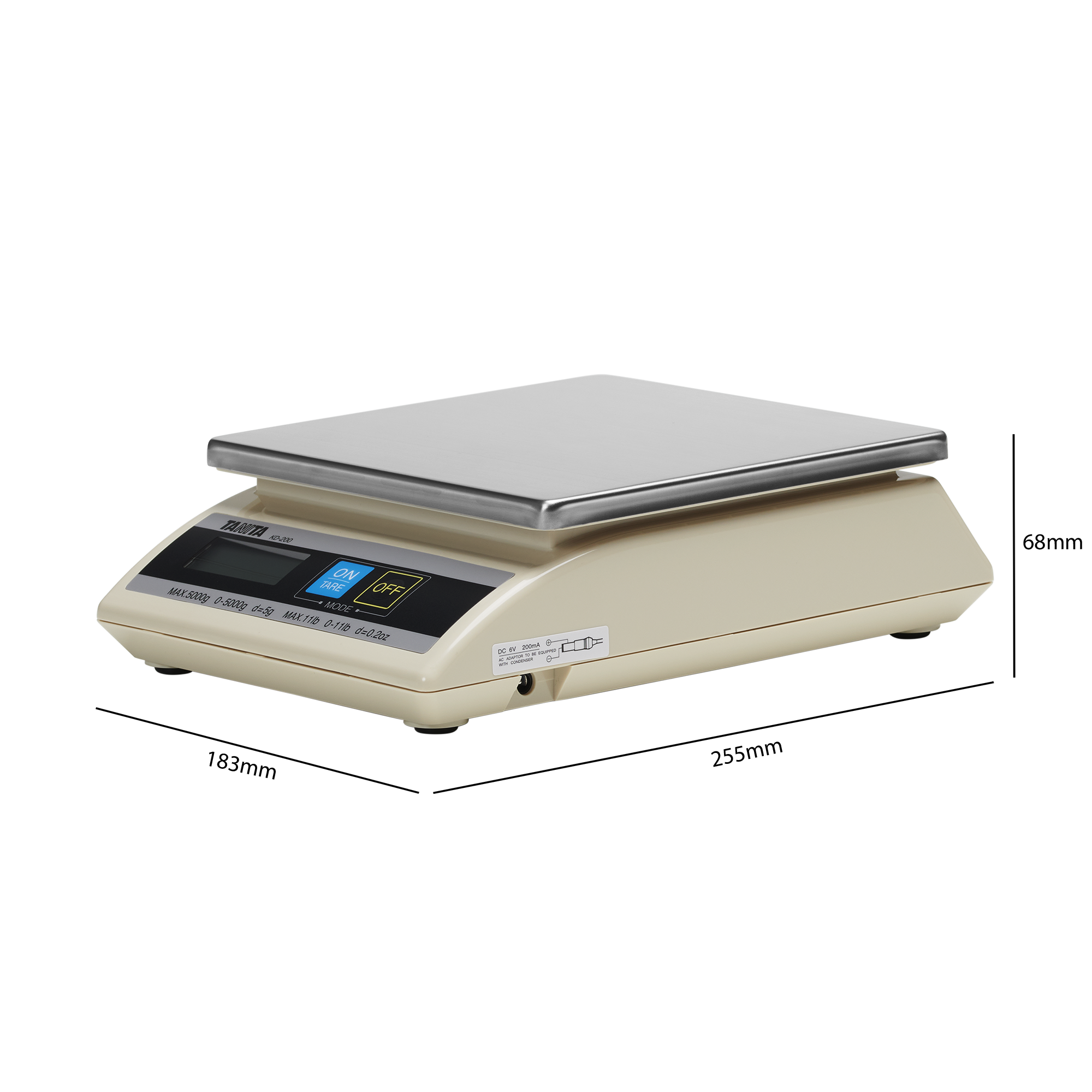 A beige digital scale, with a metal weighing platform. It has an on/off button and a display.