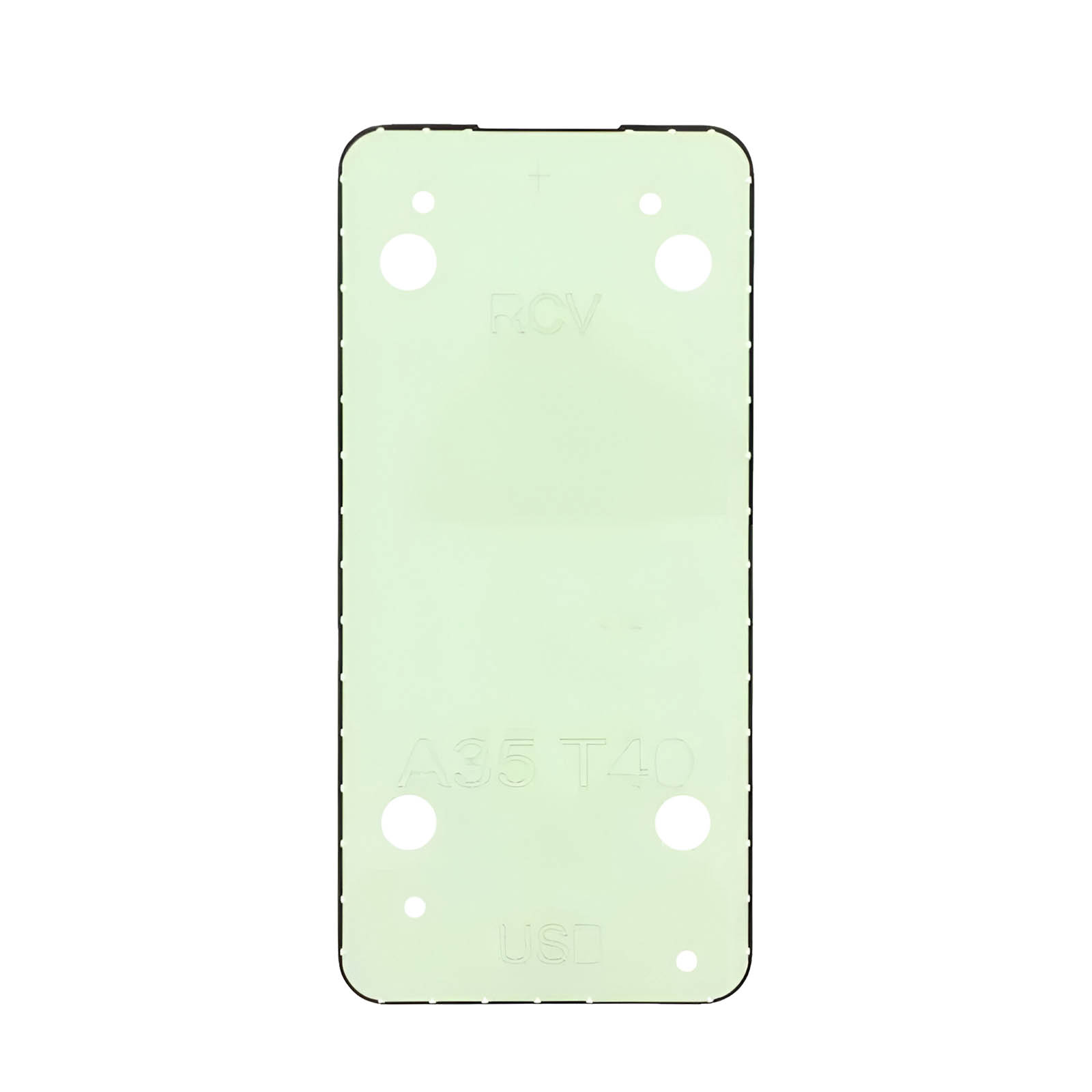 Cover posteriore del telefono verde chiaro con ritagli e testo.