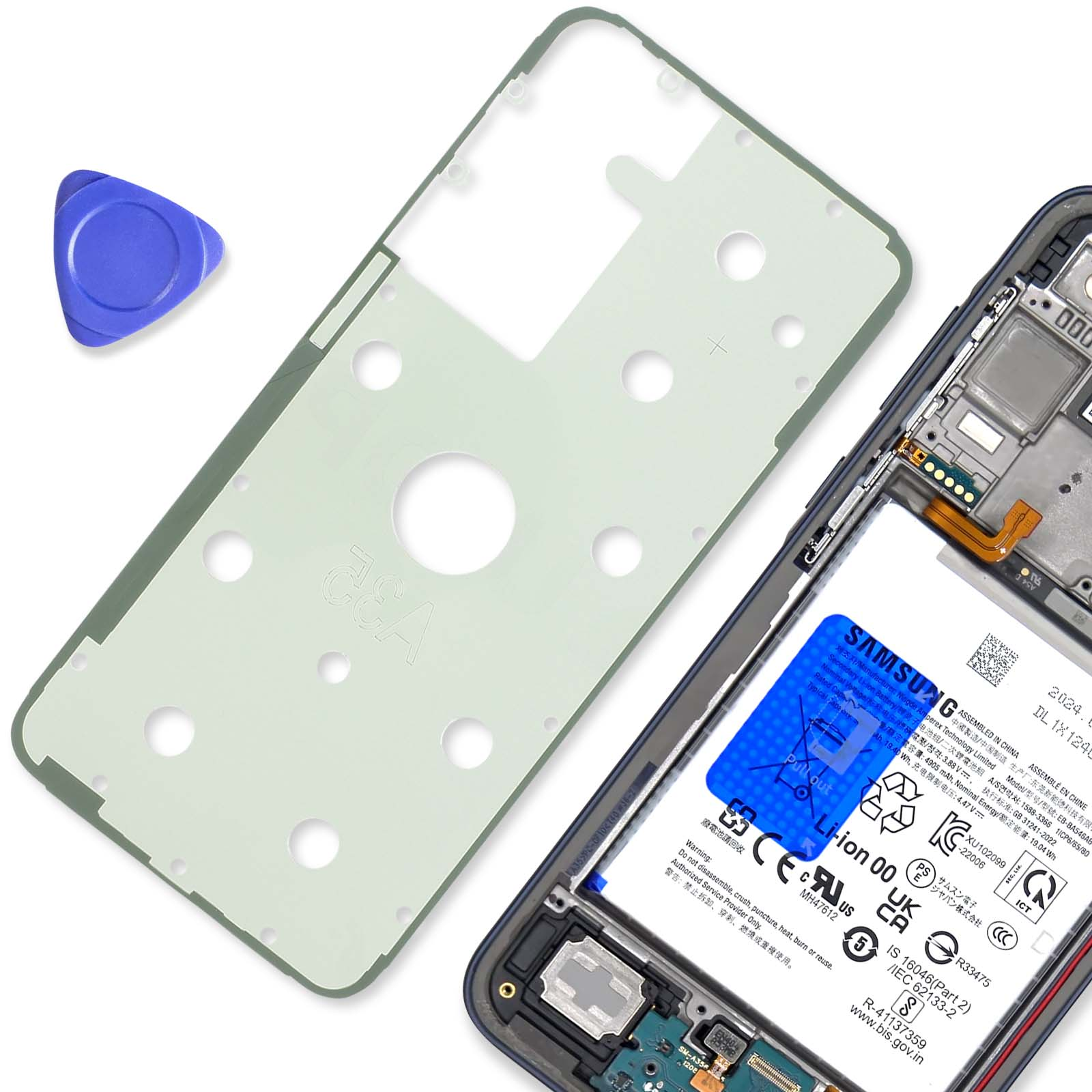 Parti del telefono, inclusa una batteria Samsung e uno strumento blu. Testo: Samsung.