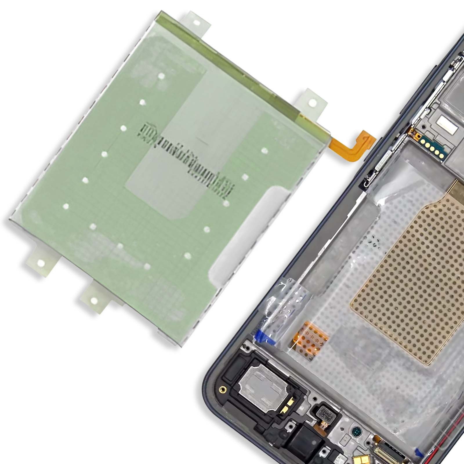 Ein geöffnetes Smartphone mit einer Leiterplatte und einer daneben liegenden Displayschutzfolie.