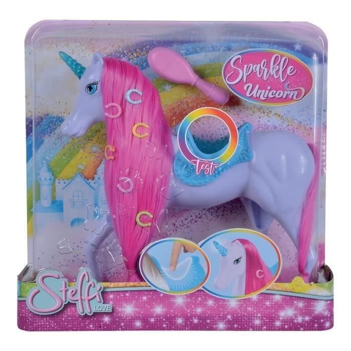 Ein Spielzeug-Einhorn in einer durchsichtigen Plastikverpackung. Es ist weiß mit rosa Haaren und blauem Horn.