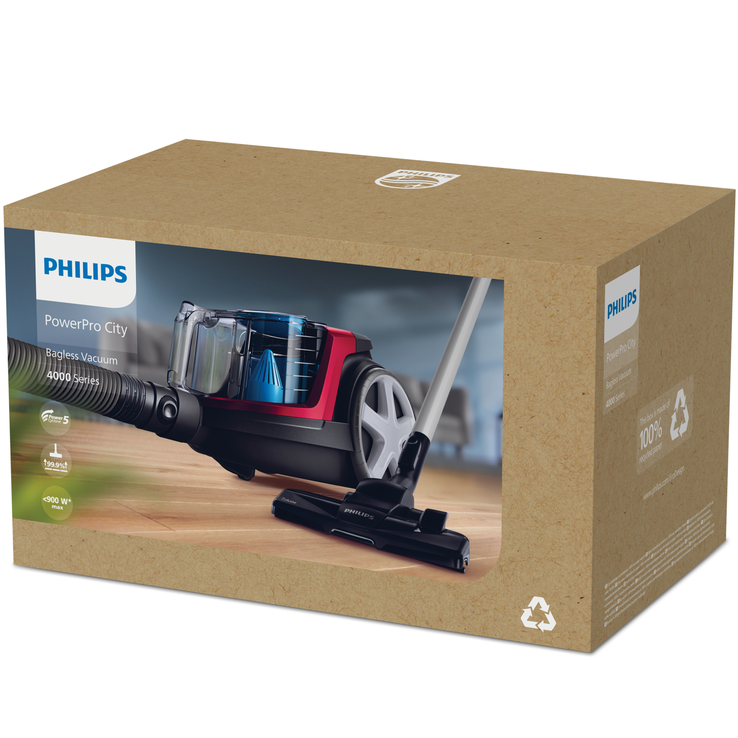 Üzerinde Philips torbasız bir elektrikli süpürge bulunan karton kutu.