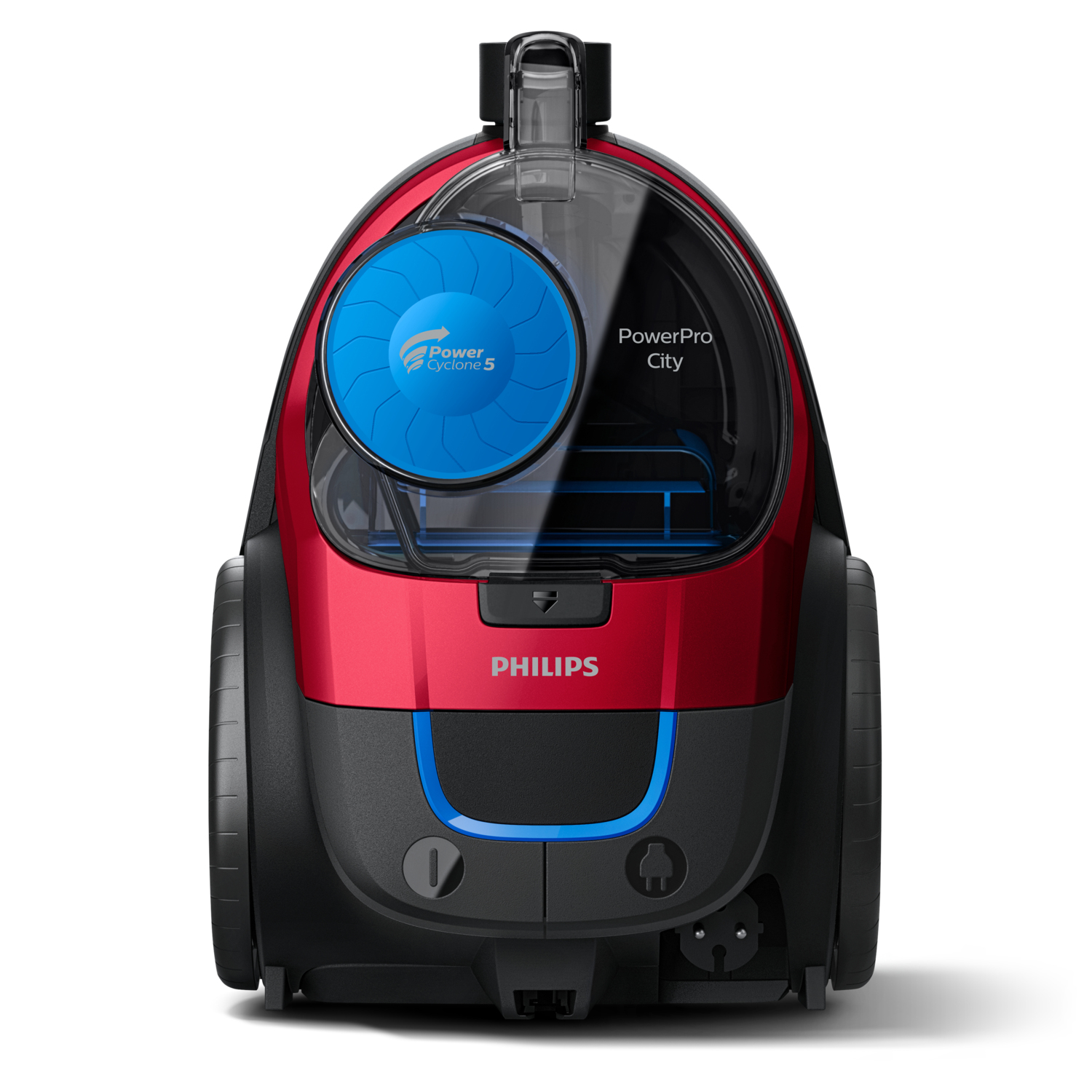 Kırmızı ve siyah Philips PowerPro City elektrikli süpürgesi. Mavi vurgular. Beyaz zemin.