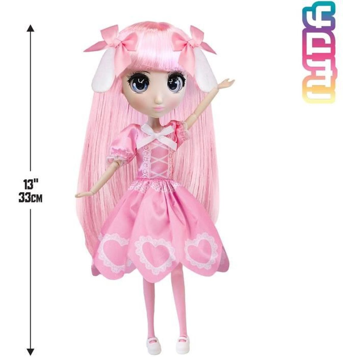 Eine rosa Puppe mit langen rosa Haaren und einem rosa Kleid, daneben ist eine Messung von 13 Zoll markiert.
