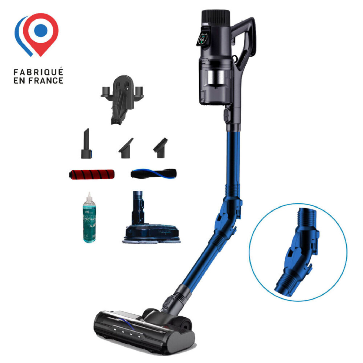 Un aspirapolvere senza fili con accessori e testo Fabriqué en France.