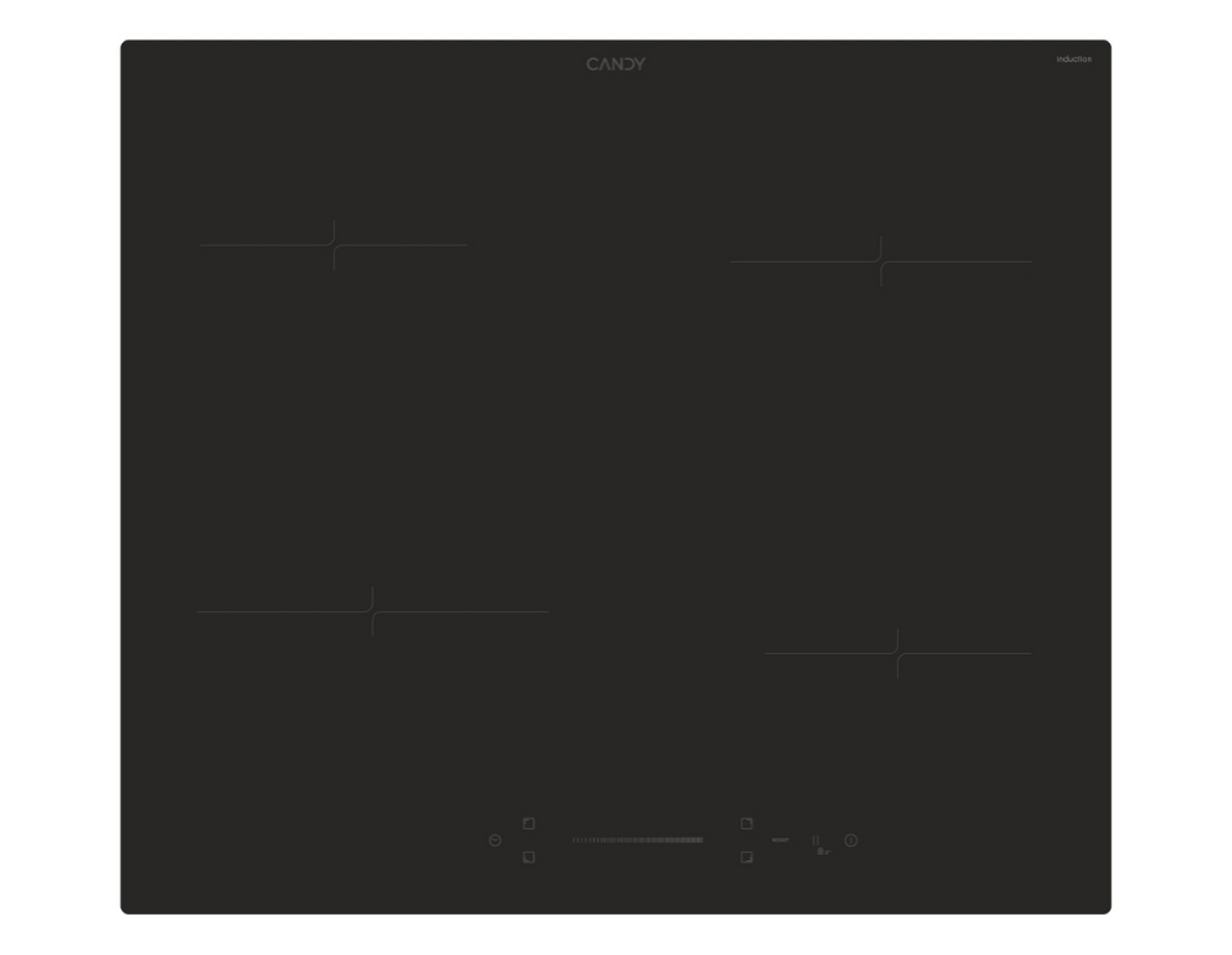 Czarna płyta indukcyjna na białym tle. Widoczne są cztery strefy gotowania.