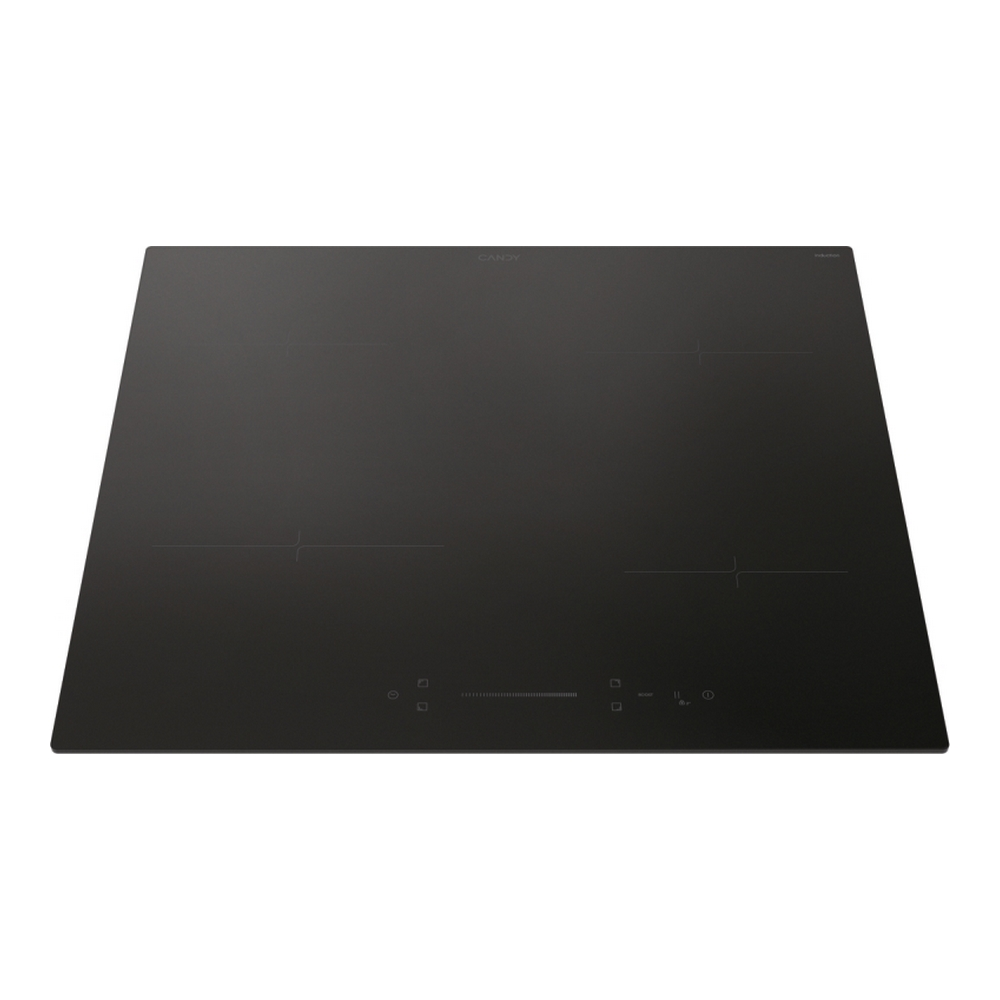 Czarna płyta indukcyjna Candy z czterema palnikami i sterowaniem dotykowym na białym tle.