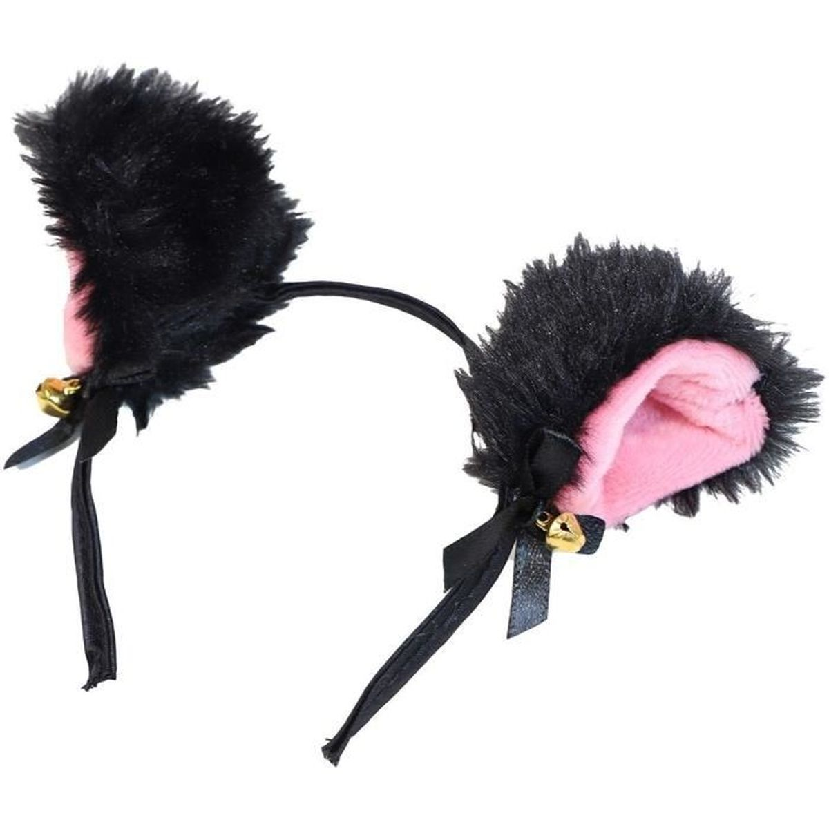 Ein Paar schwarze Katzenohren mit rosa Innenseiten und kleinen goldenen Glöckchen.