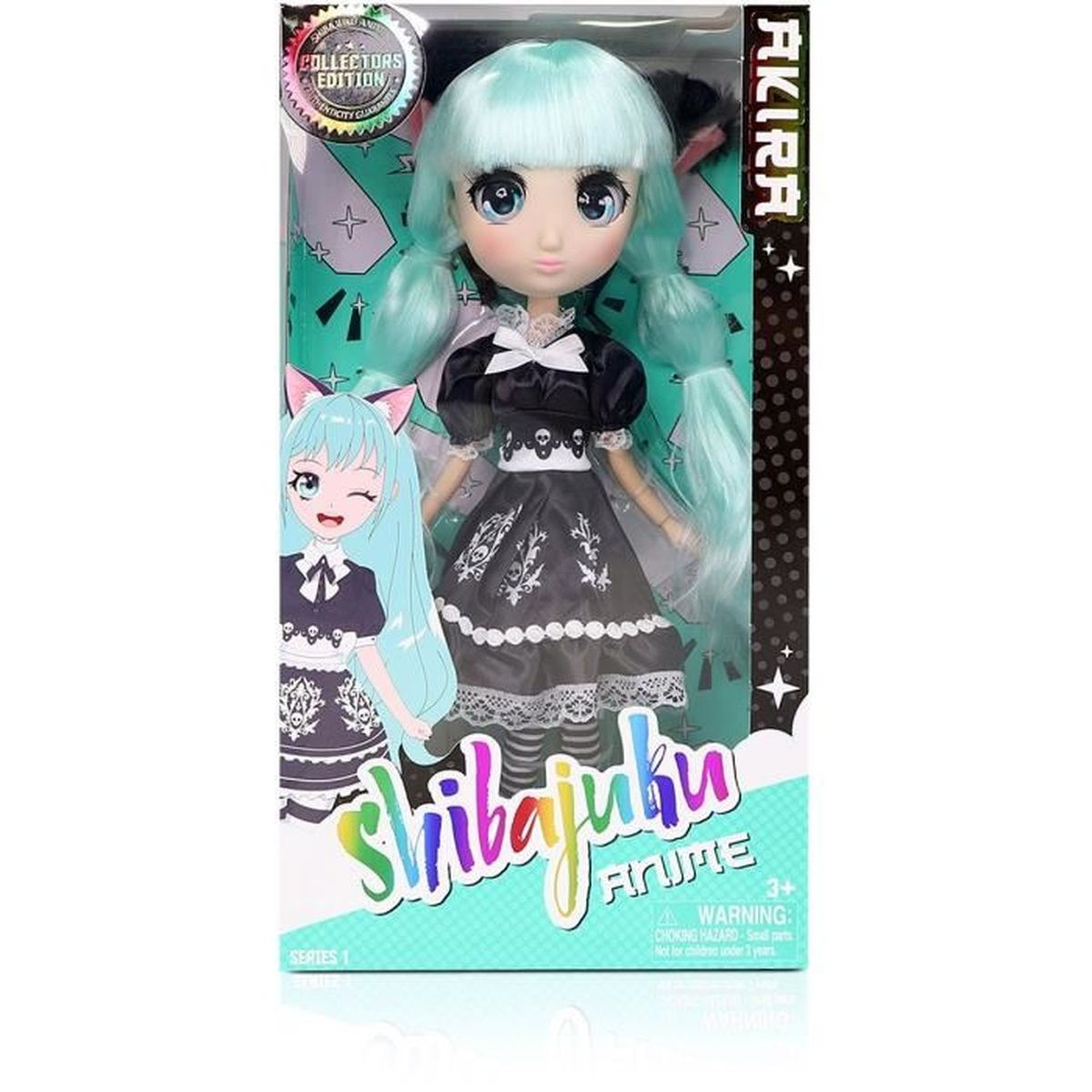 Shibajuku Anime-Puppe in einer Box. Die Puppe hat blaue Haare, ein schwarzes Kleid und Katzenohren.