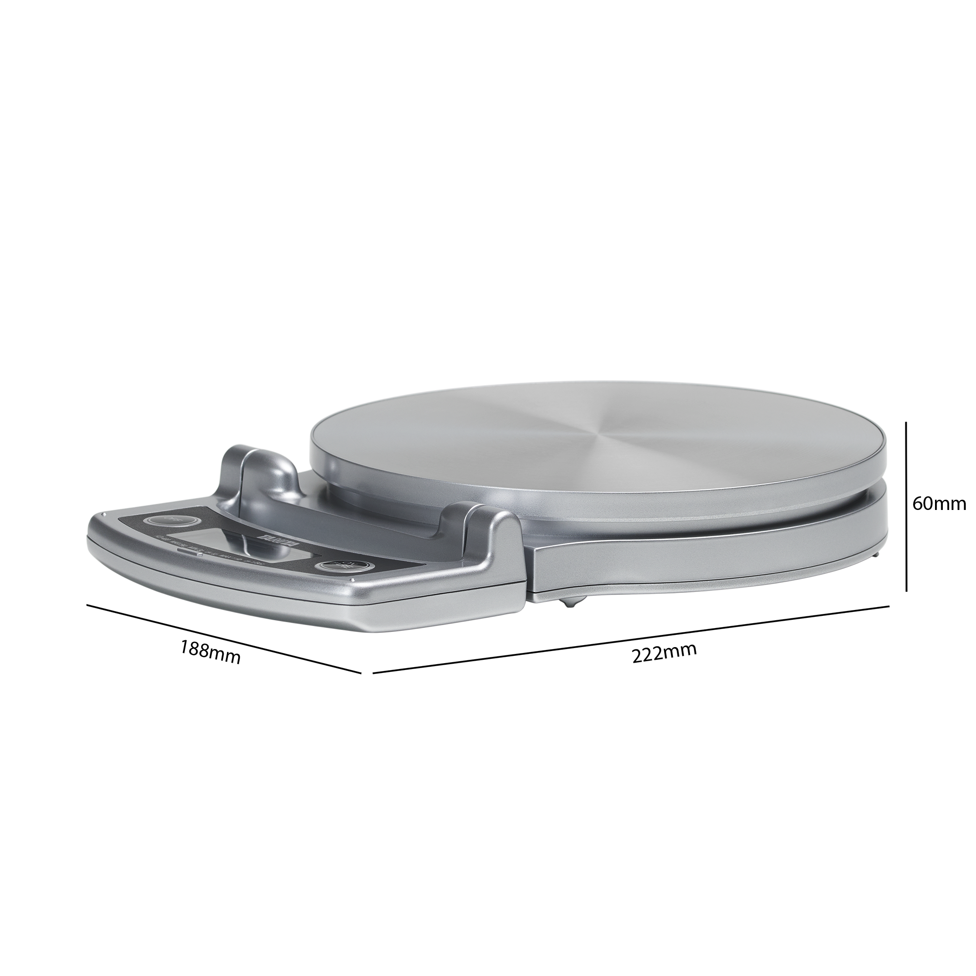 A silver kitchen scale. It is round and has a digital display and touch control.