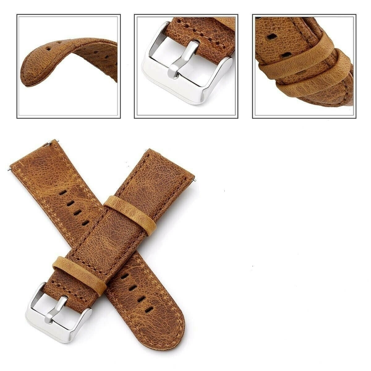 Nahaufnahmen eines braunen Leder-Uhrenarmbands mit silberner Schnalle.