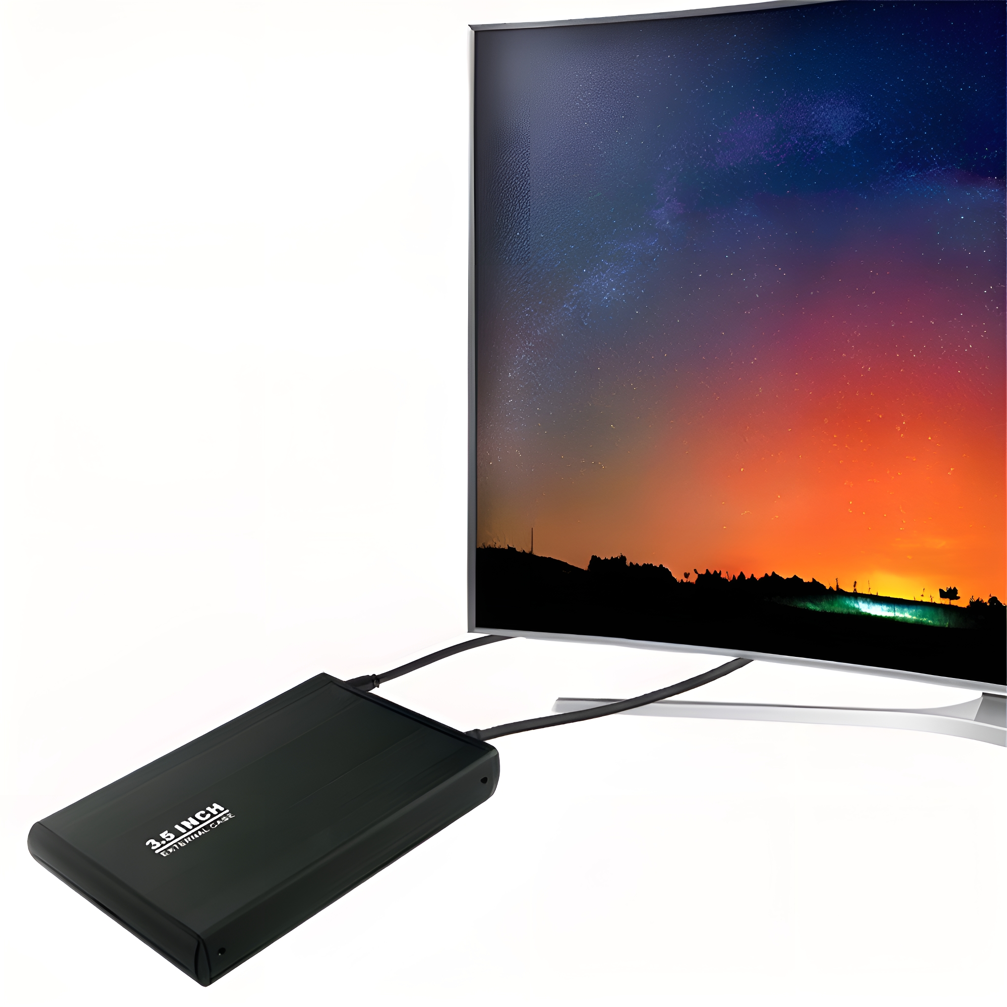 Ein schwarzes Festplattengehäuse, verbunden mit einem gekrümmten Fernseher, der eine Sternennacht zeigt.