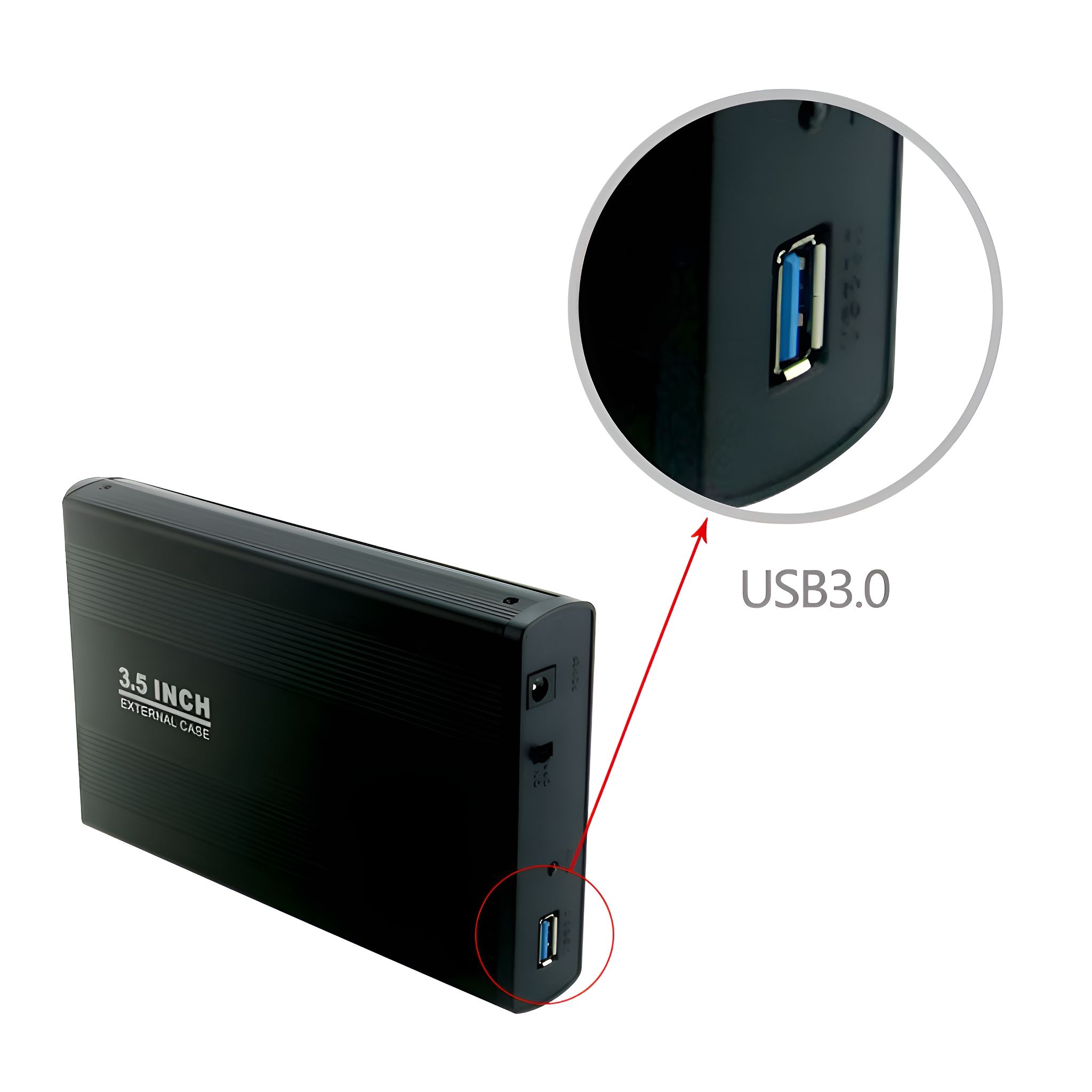 Schwarze 3,5-Zoll-Festplatte mit USB3.0-Anschluss im Kreis gezeigt.