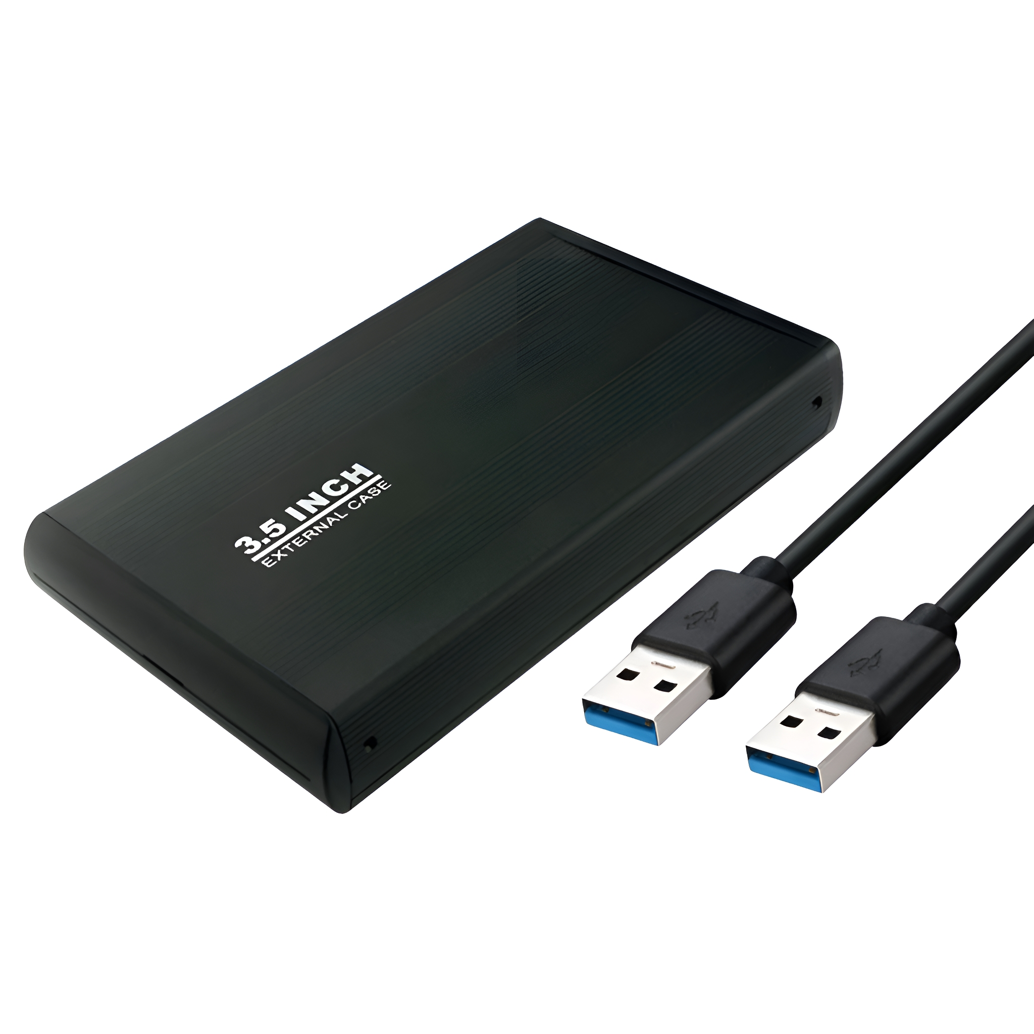 Schwarzes 3,5-Zoll-Festplattengehäuse mit USB-Kabel. Weißer Hintergrund.