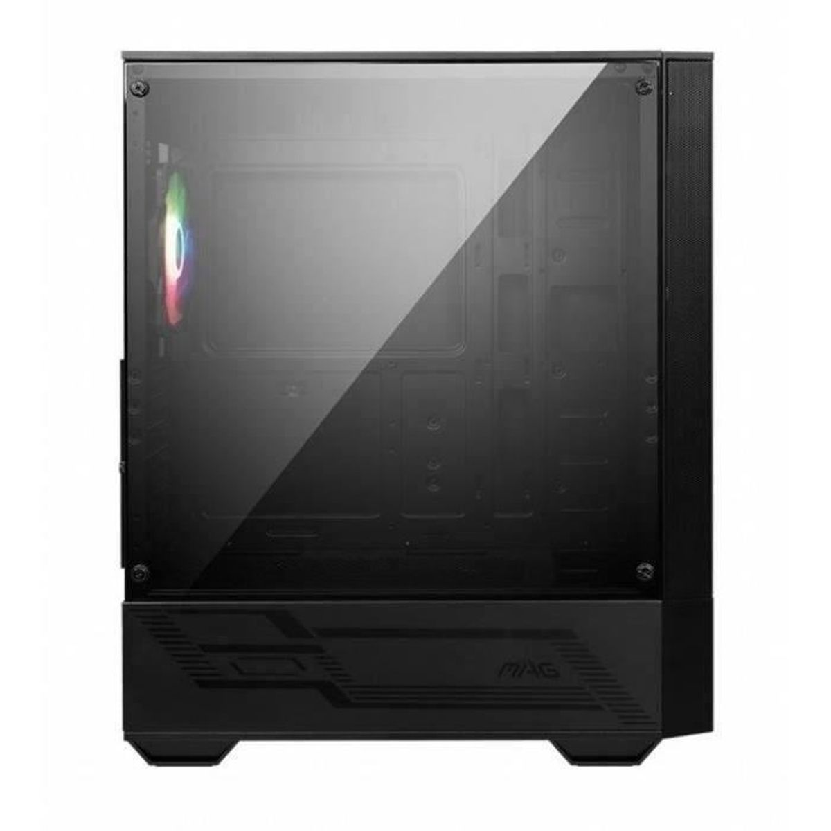 Czarna obudowa komputera z szklanym panelem bocznym, pokazująca wewnętrzne komponenty i kolorowe światło.