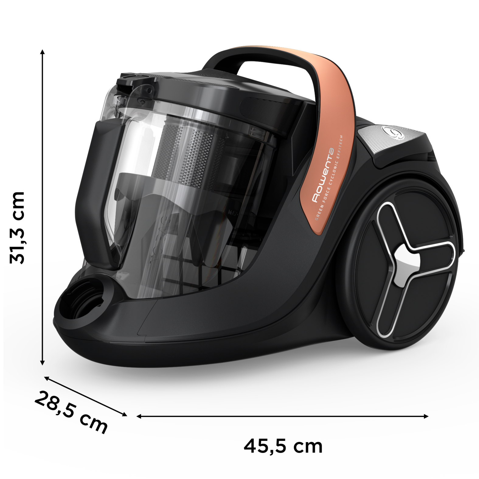 Aspirapolvere Rowenta nero e rame con dimensioni mostrate. Sfondo bianco.