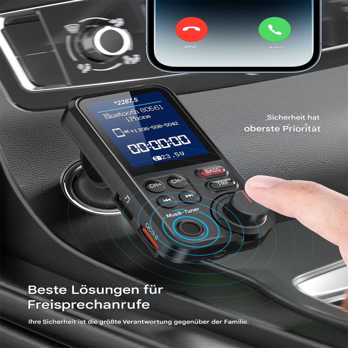 Auto-Gerät mit Bildschirm, Knöpfen und einem Telefon, das einen Anruf anzeigt. In einer Autoeinstellung.