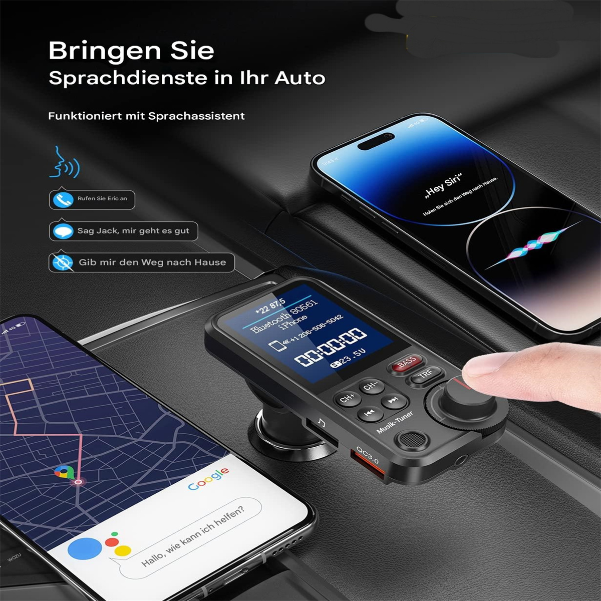 Smartphone mit Karte, zwei weitere Telefone mit Sprachsteuerungs-Apps, im Auto.