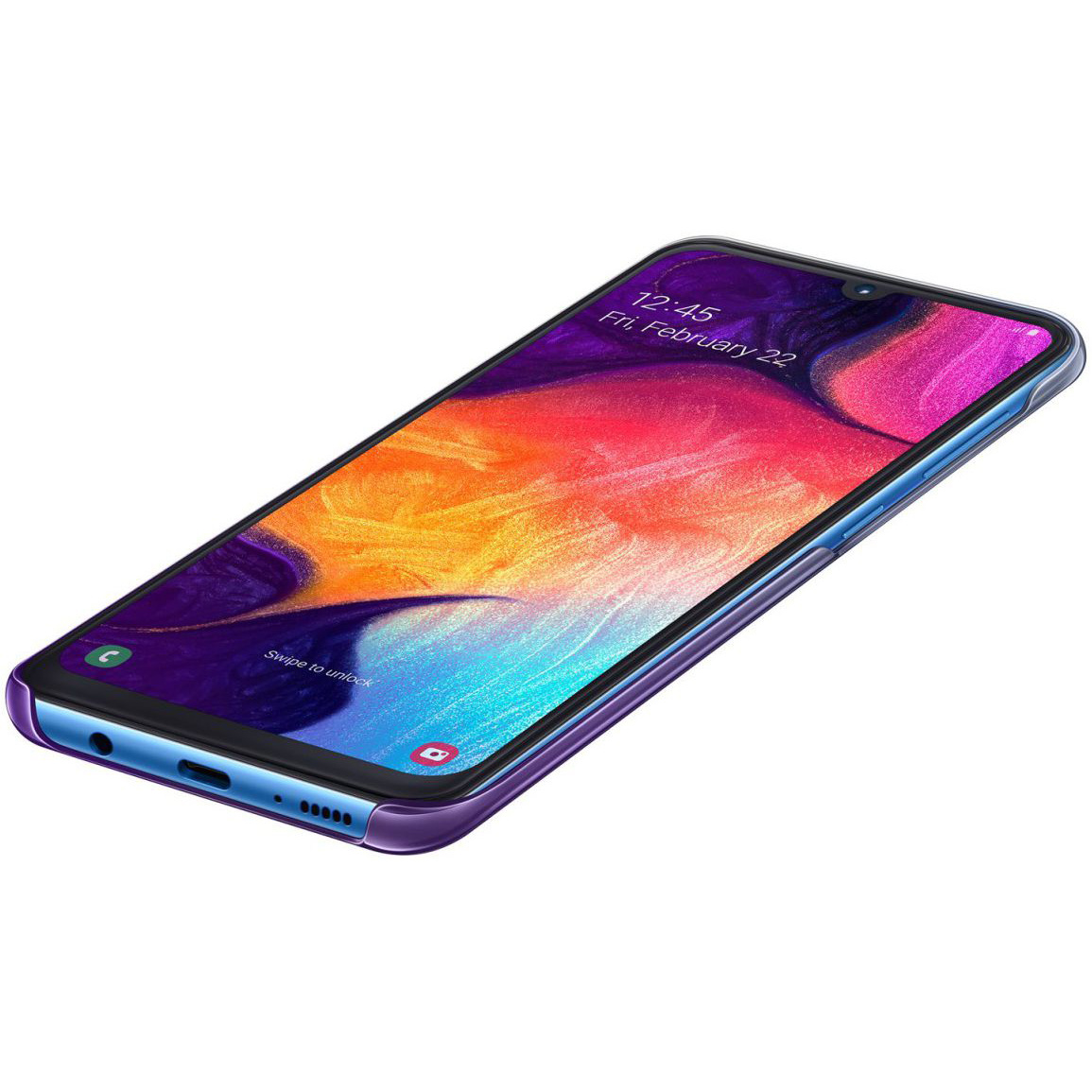 Een smartphone met een kleurrijk display, in een paarse hoes, op een wit oppervlak.