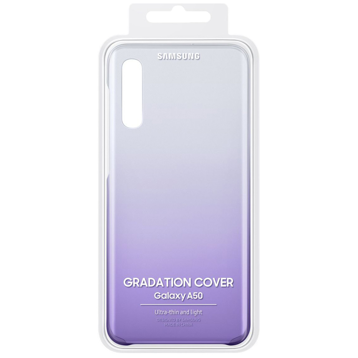 Transparante telefoonhoes met paarse gradiënt, in verpakking. Merknaam SAMSUNG bovenaan.