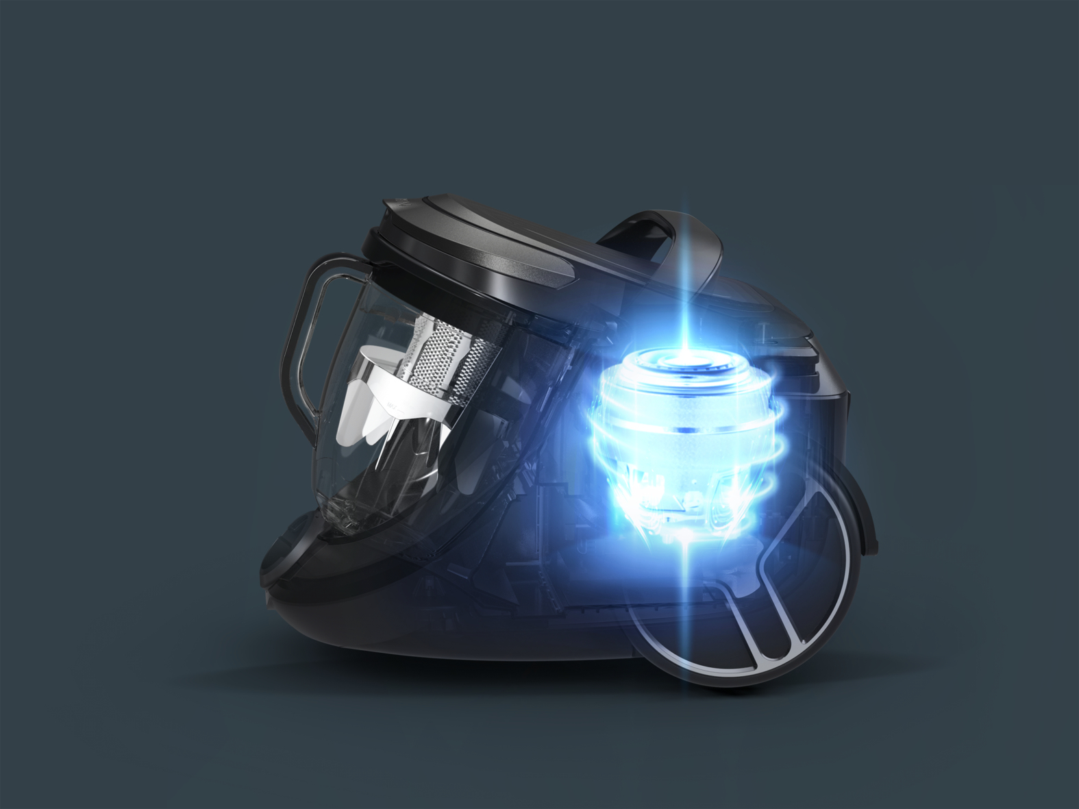 Przekrój czarnego odkurzacza. Wewnętrzne komponenty podświetlone są niebieskim światłem.