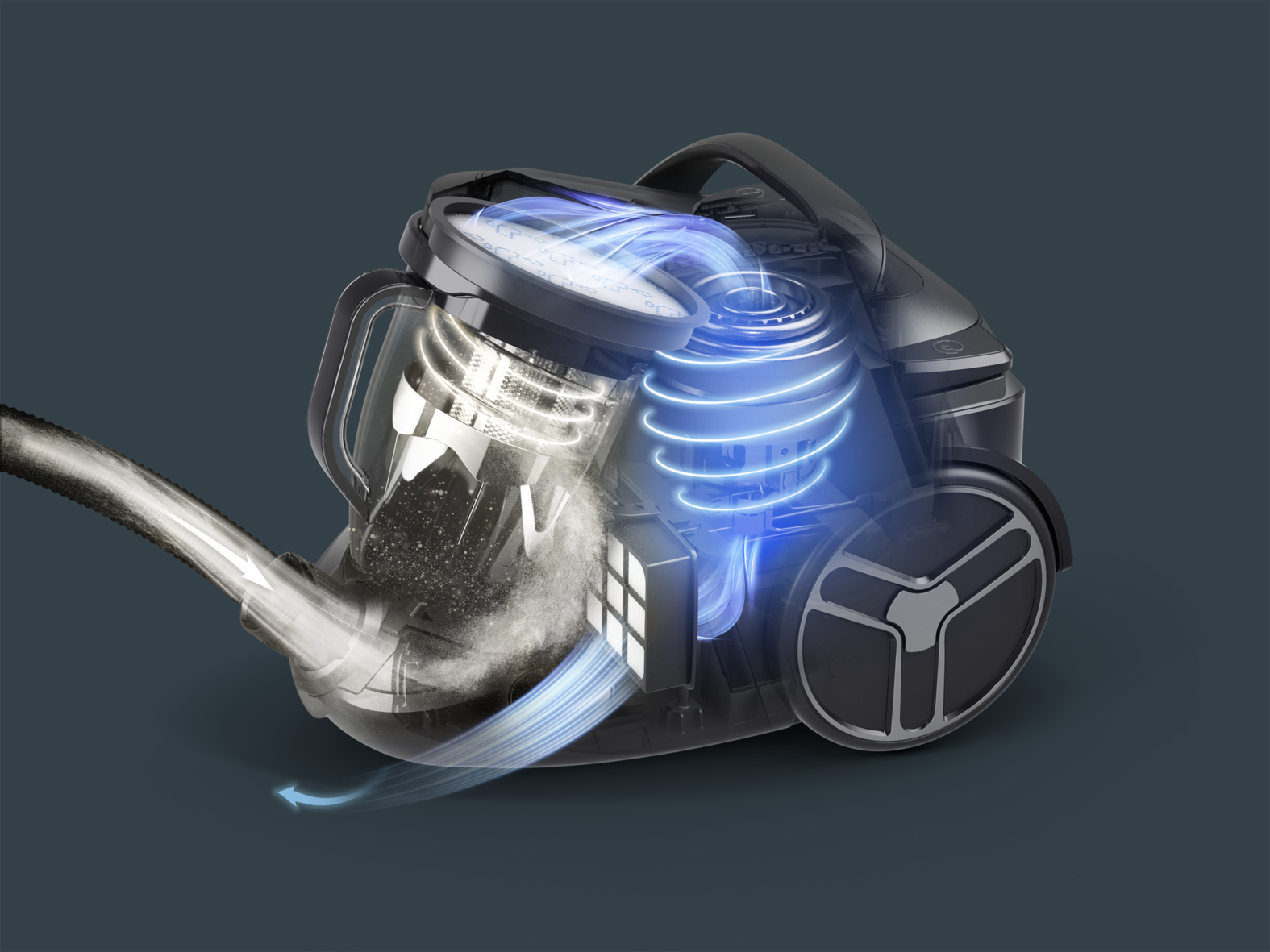 Przezroczysty odkurzacz pokazujący swoje wewnętrzne elementy i przepływ powietrza, na ciemnym tle.