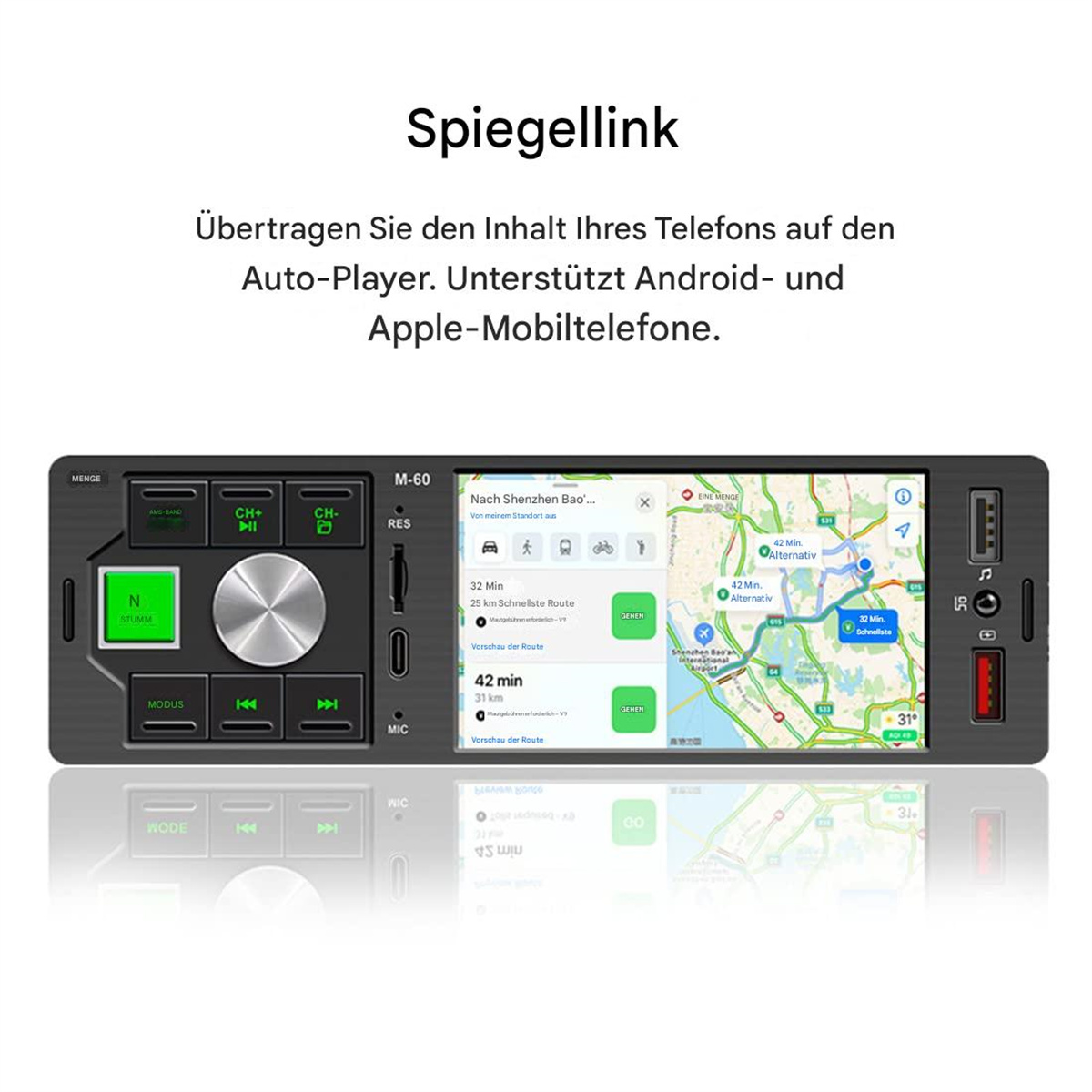 Autoradio-Bildschirm mit Routenkarte, Knöpfen und verbundenem Telefon.