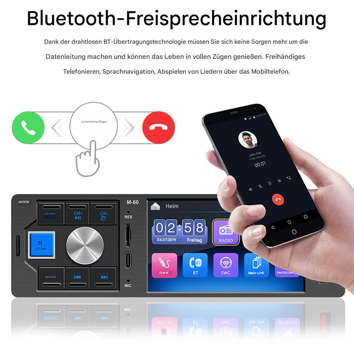 Autoradio mit Telefon, das einen Anruf anzeigt. Knöpfe und ein kleiner Bildschirm sind sichtbar.
