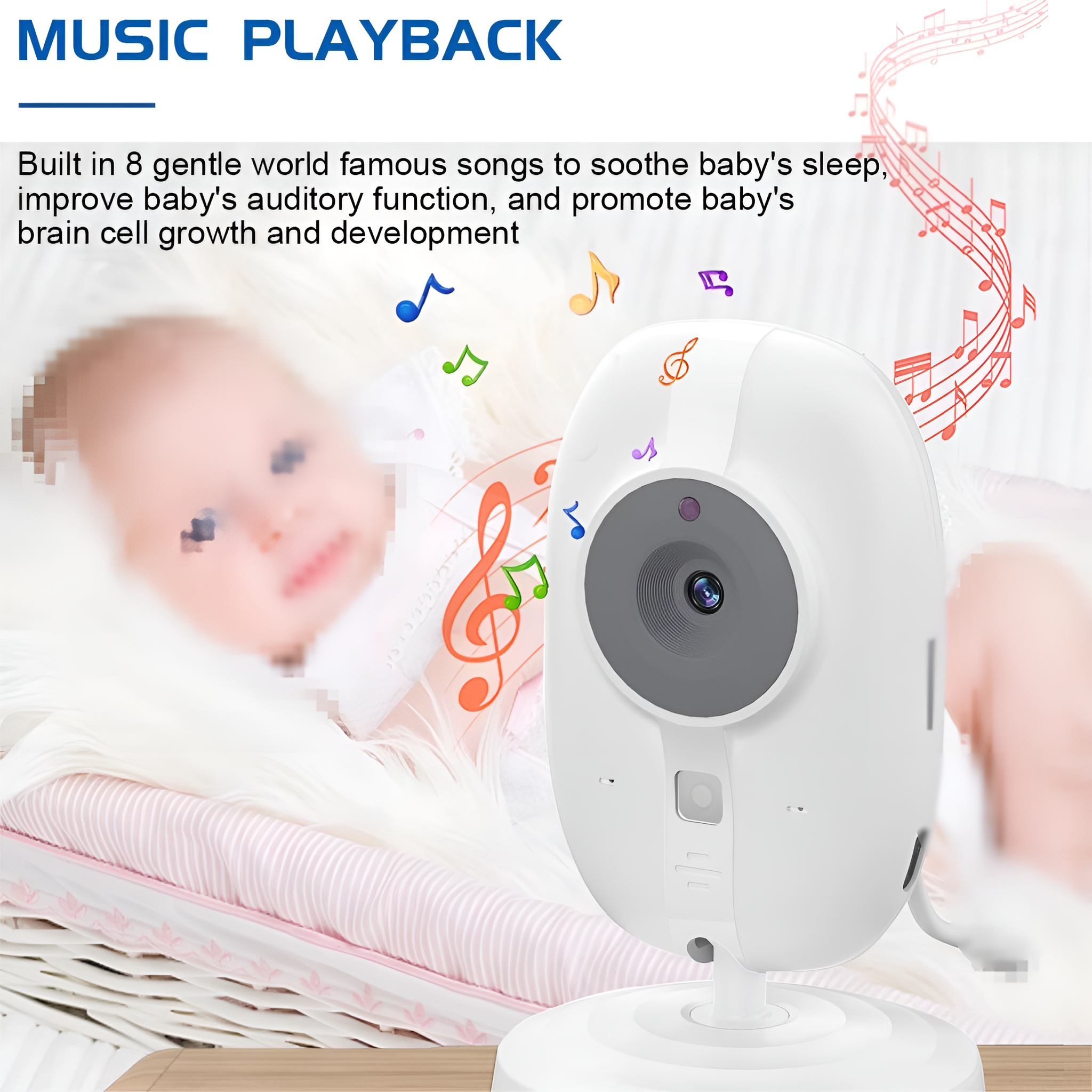 Babyphone mit Noten-Illustration. Baby unscharf im Hintergrund.