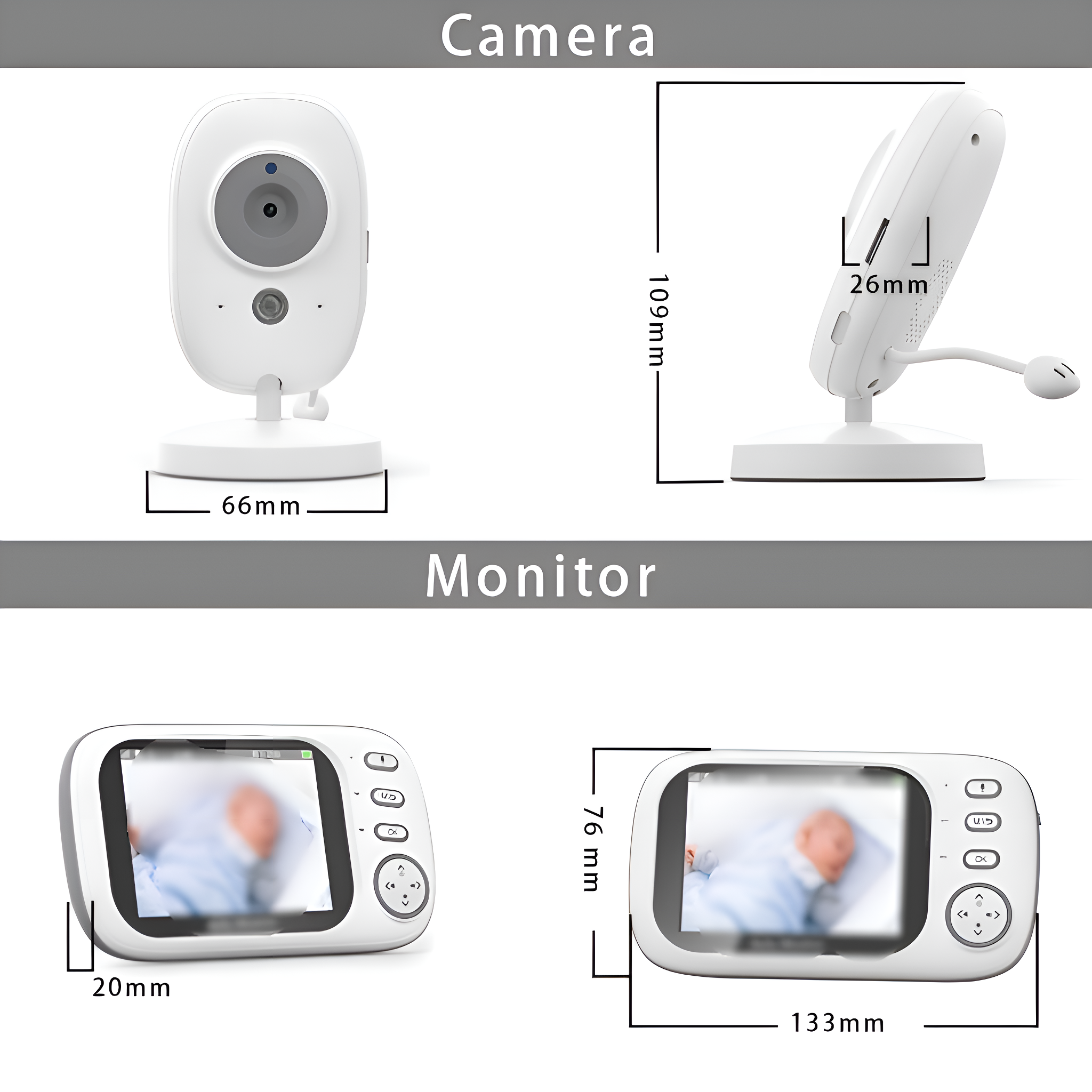 Weiße Babyphone-Kamera und Monitor mit Maßen, auf weißem Hintergrund.