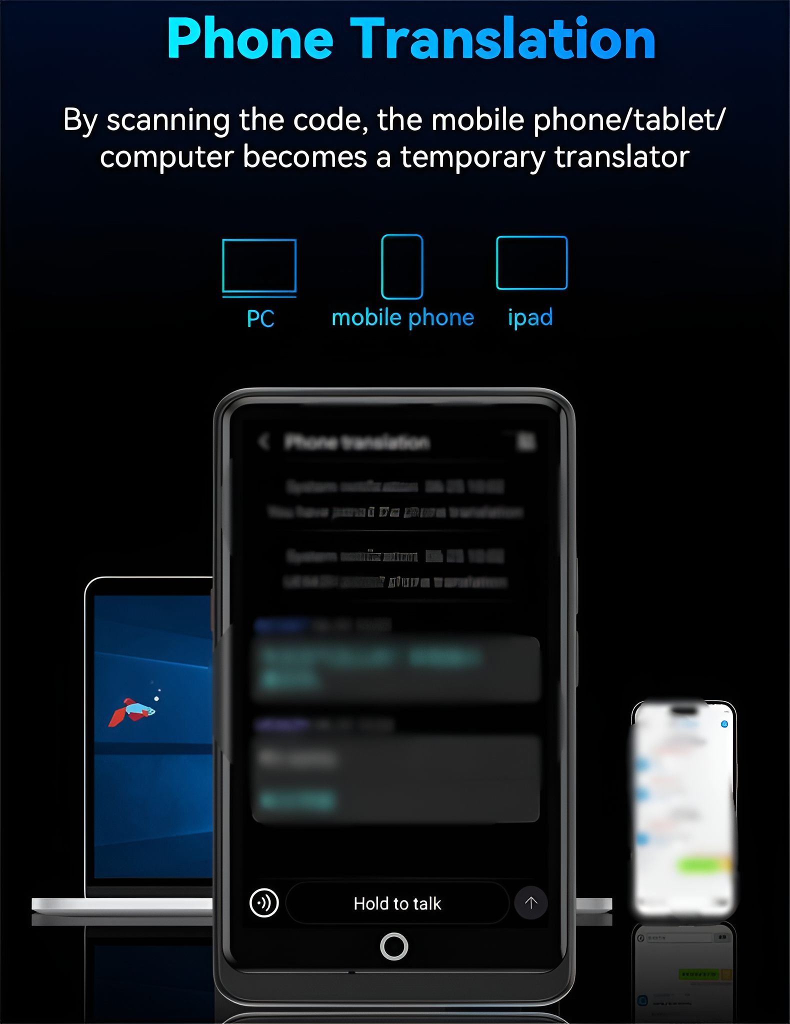 Schwarzer Bildschirm mit einer Telefonübersetzungs-App. Handy-, PC- und iPad-Symbole sichtbar.