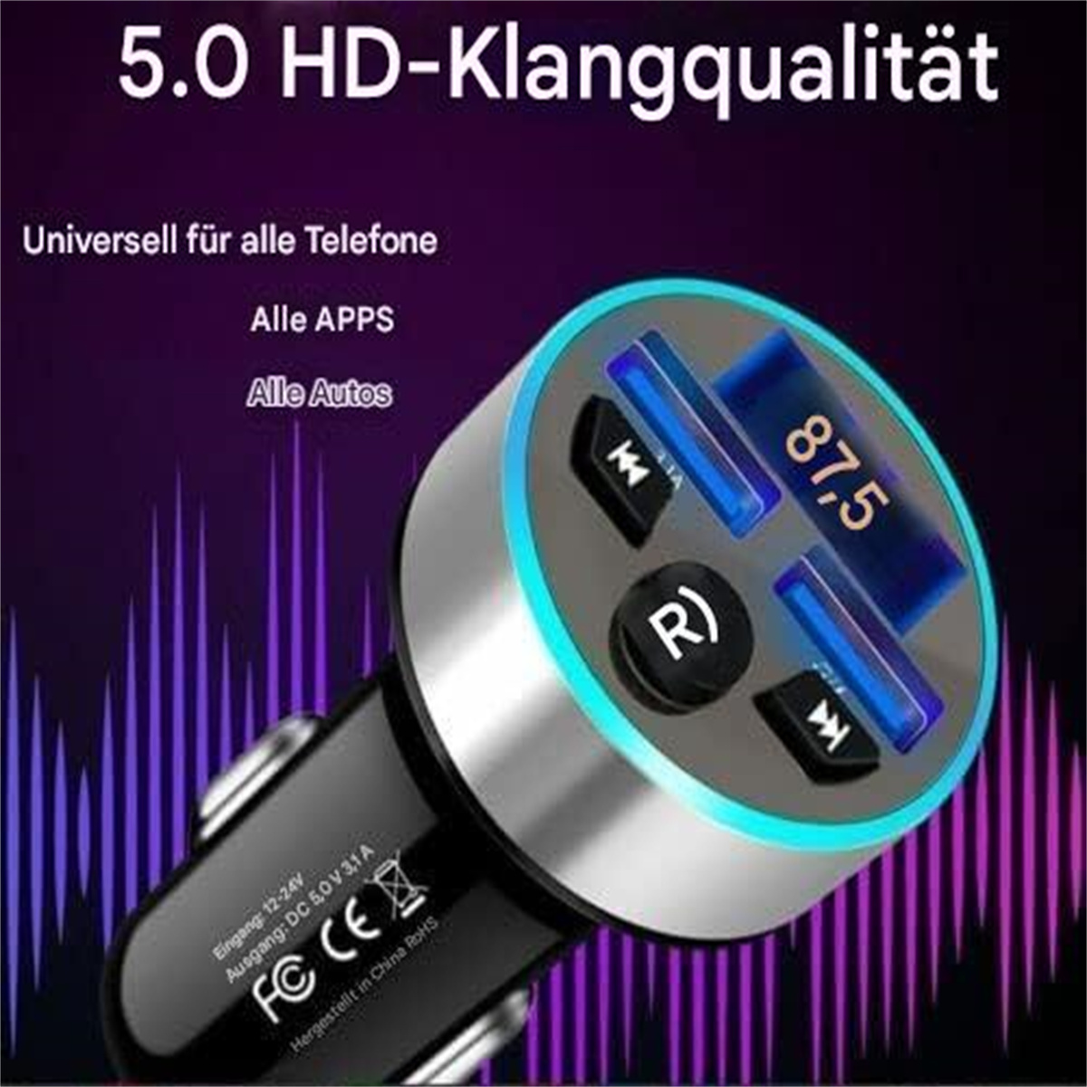 Autoladegerät mit Knöpfen, Digitalanzeige '87,5' und blau-silbernem Design.