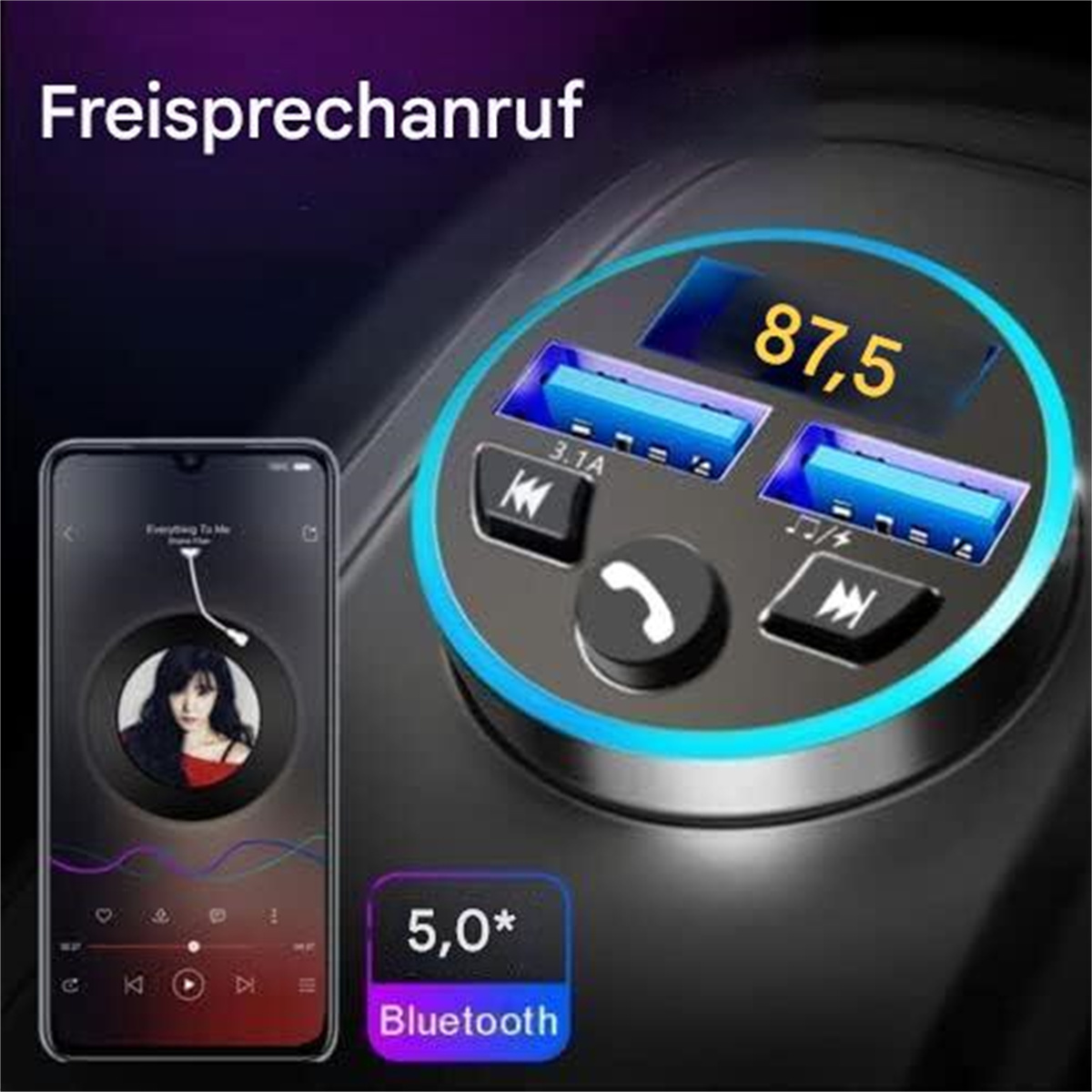 Autoradio mit Display, das einen Telefonbildschirm mit Musikwiedergabe und Bluetooth-Info zeigt.