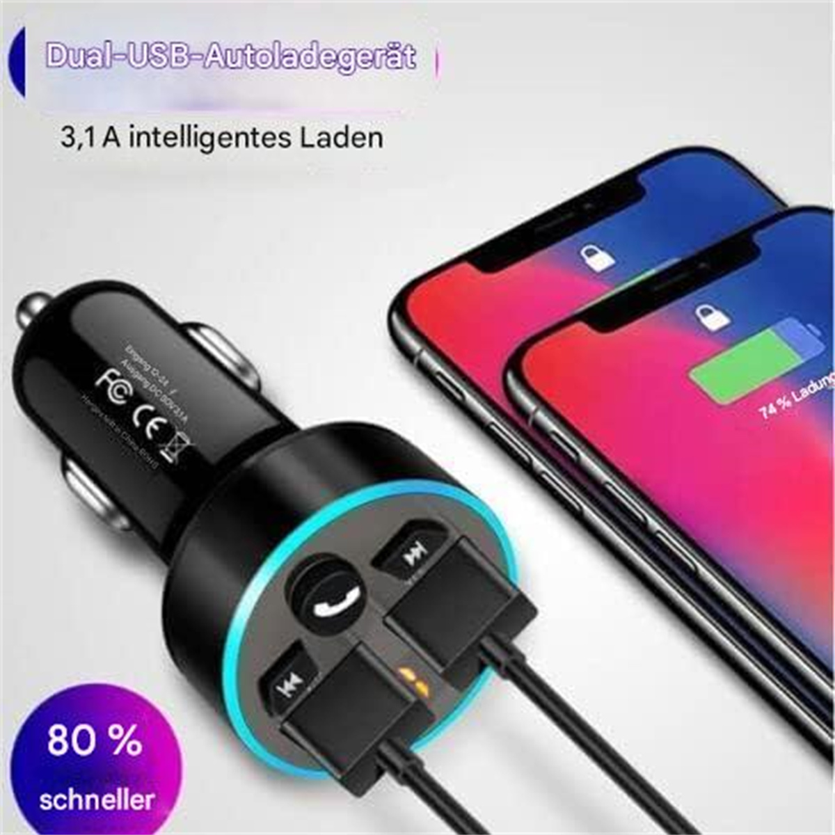 Ein schwarzes Autoladegerät mit zwei USB-Anschlüssen und zwei Ladetelefonen.