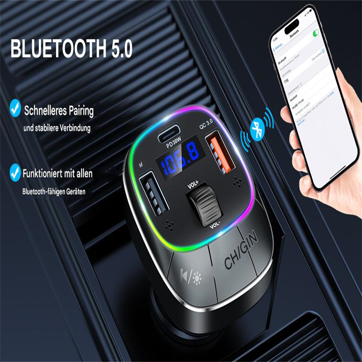 Autoladegerät mit USB-Anschlüssen und Digitalanzeige. Ein Telefon zeigt Bluetooth-Einstellungen. Bluetooth 5.0 wird beworben.