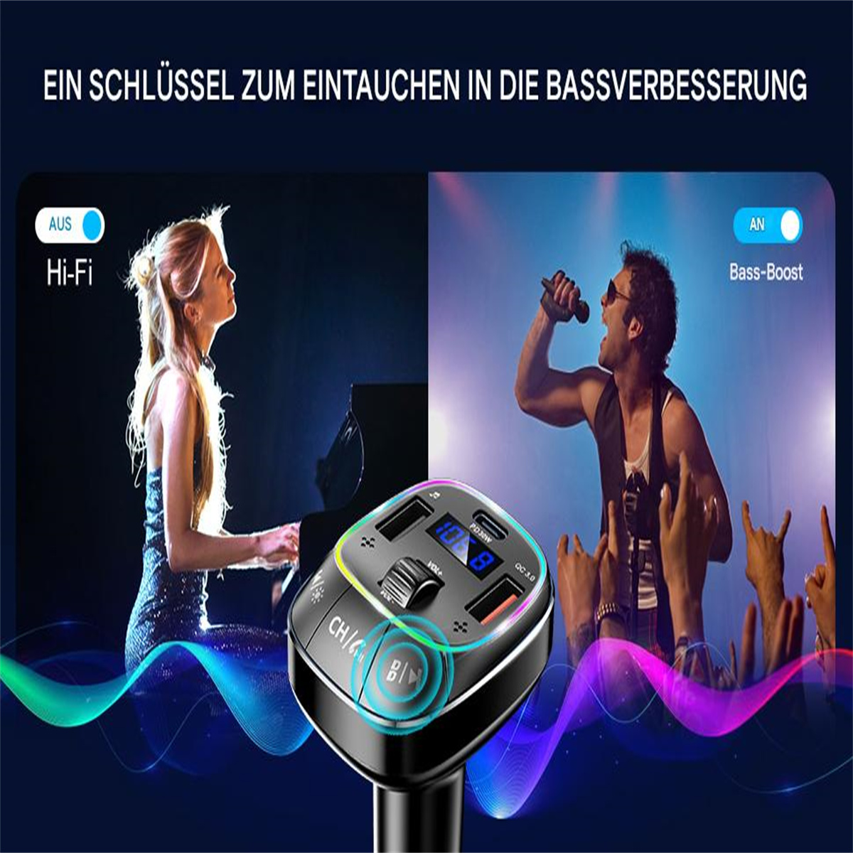 Ein Gerät mit USB-Anschlüssen, das eine Frau beim Klavierspielen und einen Mann beim Singen mit Bassverstärkung zeigt.