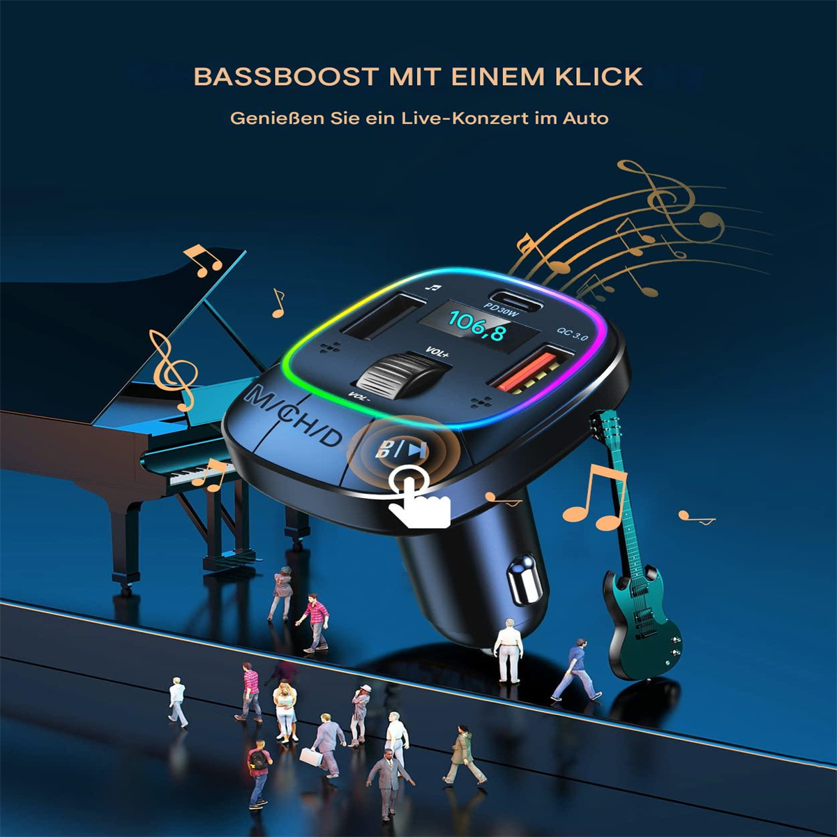 Auto-Audiogerät mit Bildschirm, Figuren von Menschen und Gitarre.