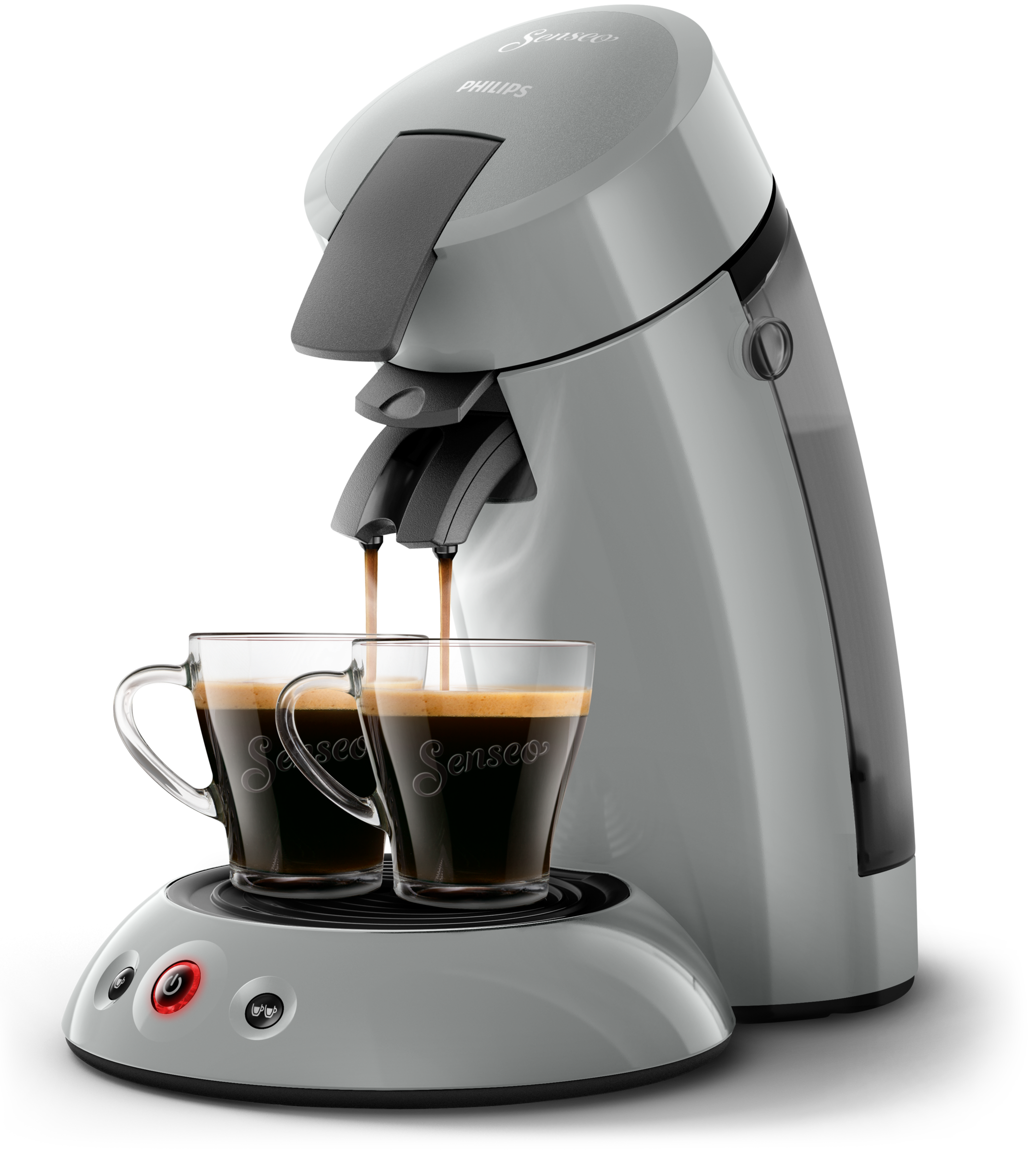 Een grijze Philips Senseo-koffiemachine met twee kopjes koffie, aan het zetten.