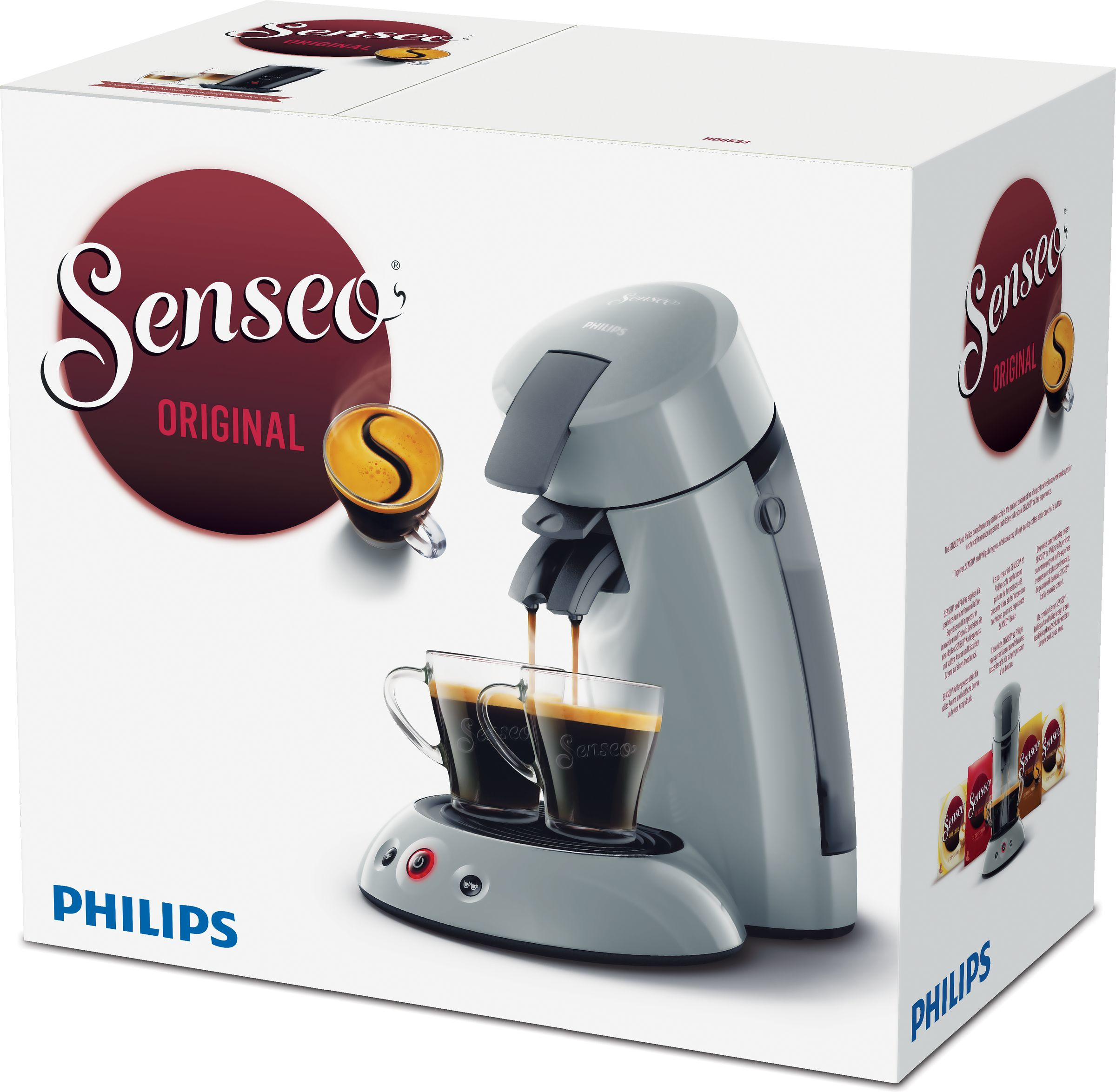 Senseo koffiezetapparaat met twee kopjes koffie en een doos koffiepads.