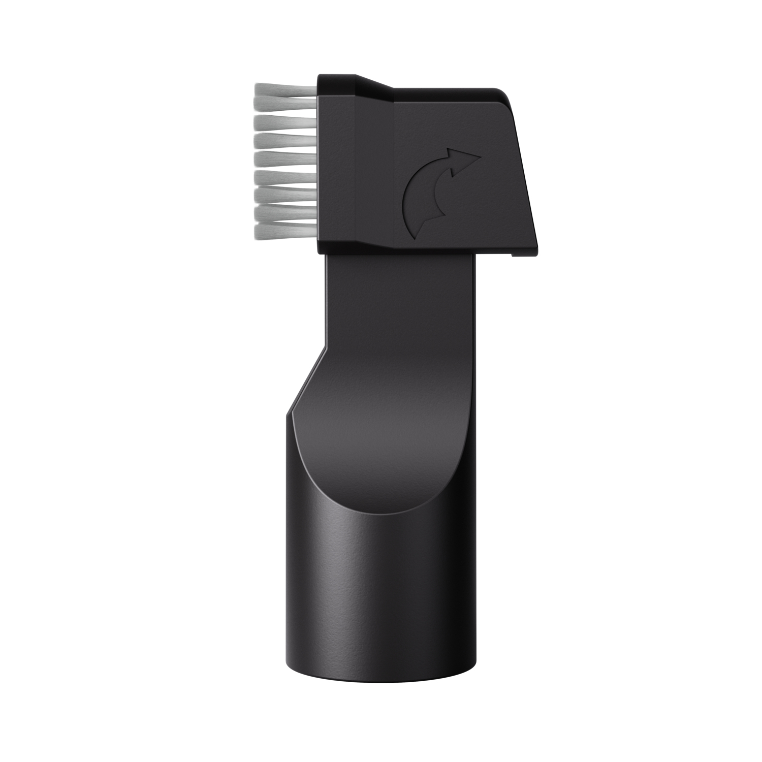 Black vacuum cleaner brush attachment with gray bristles and a directional arrow.