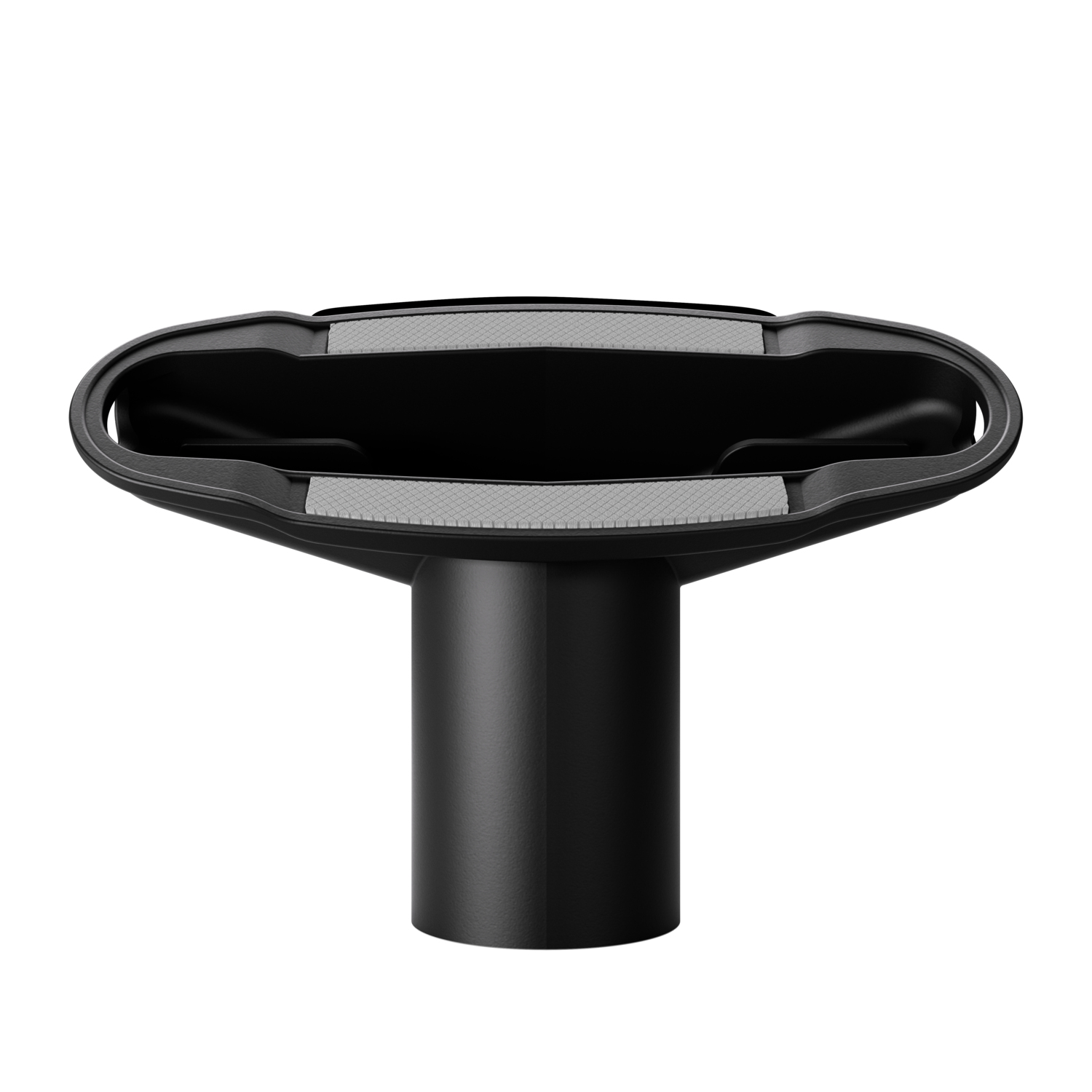 Black vacuum cleaner brush attachment, showing the front and the connection part.