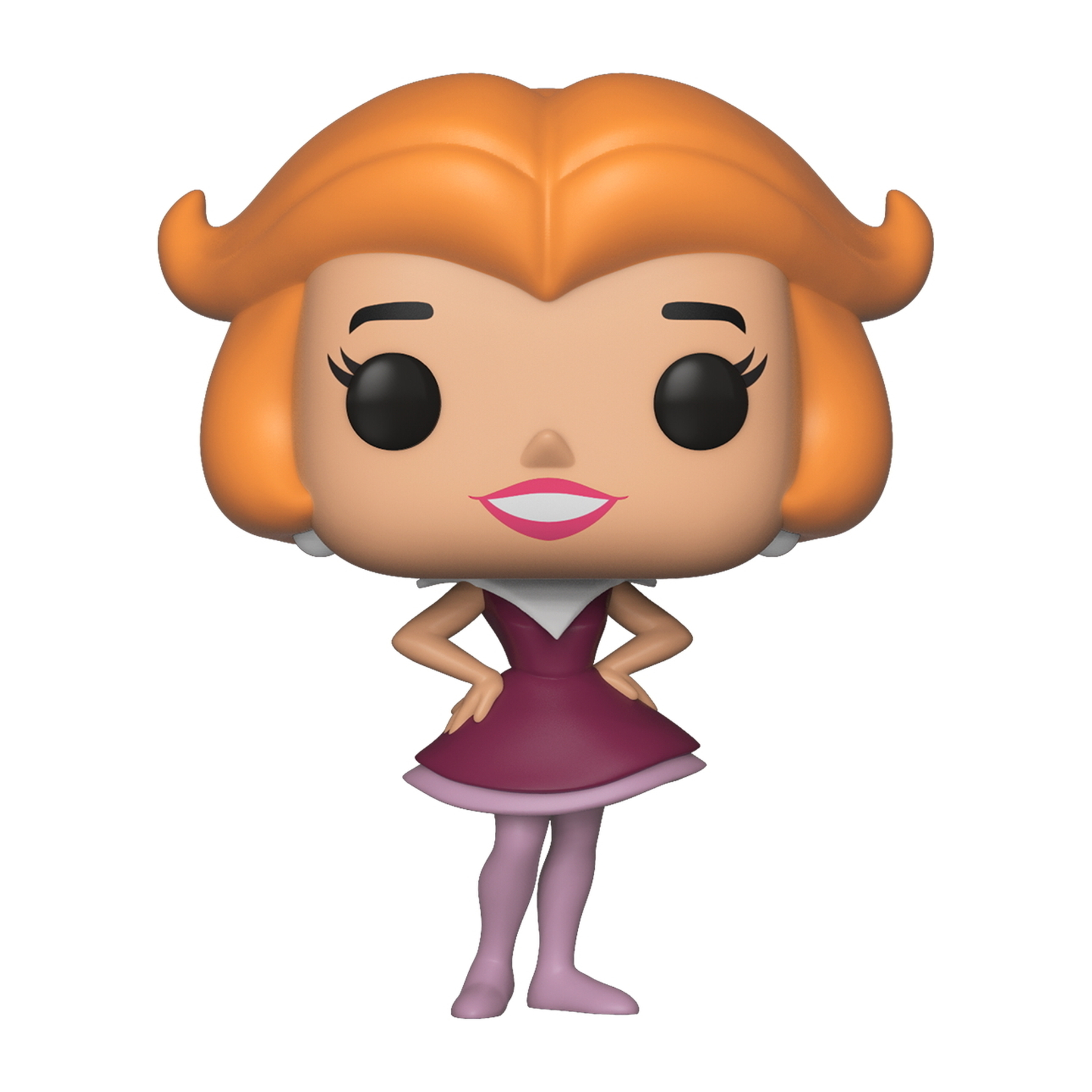 Figurka Funko Pop kobiety z pomarańczowymi włosami, różową sukienką i rękami na biodrach. Białe tło.