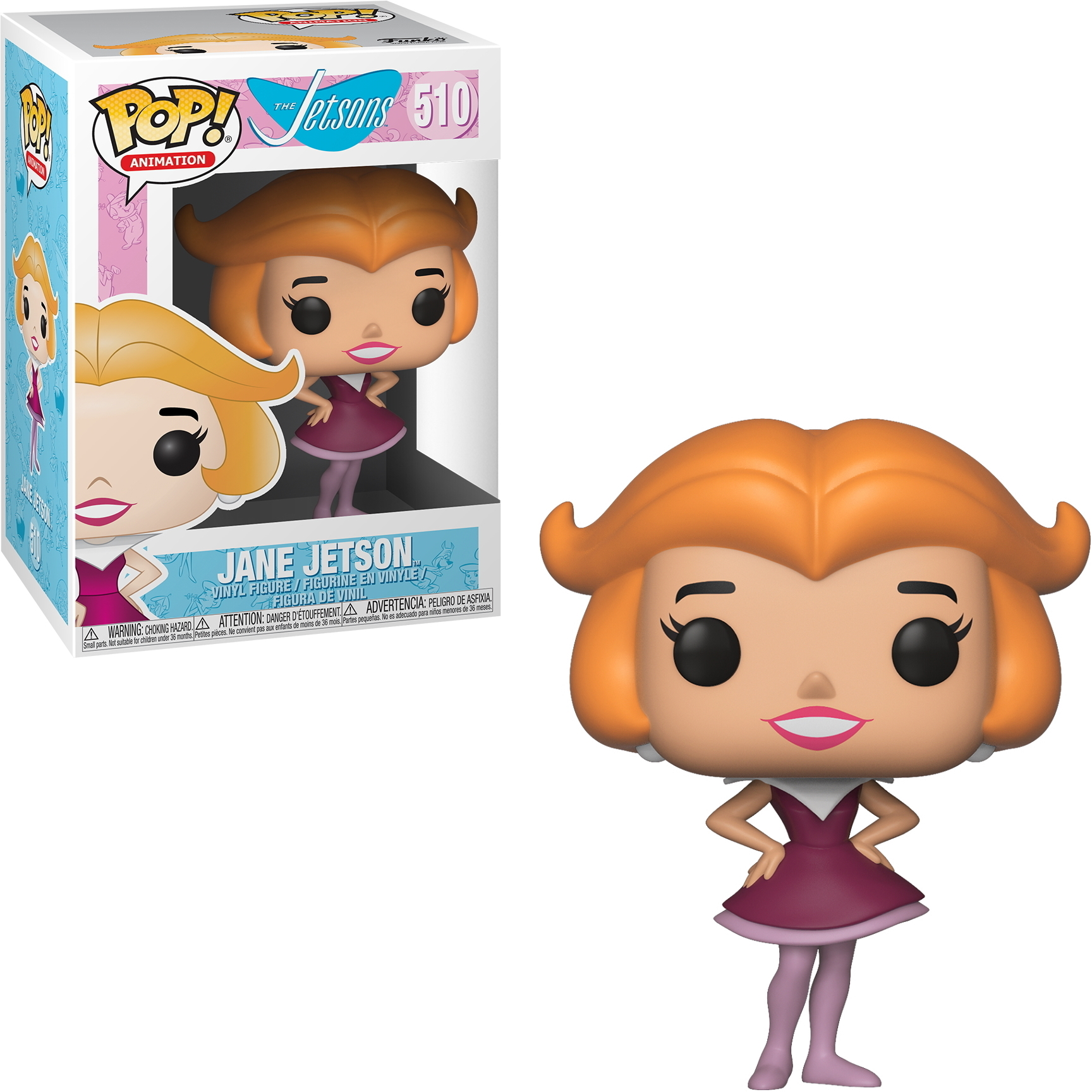 Figurka Jane Jetson w pudełku. Figurka ma na sobie fioletową sukienkę i pomarańczowe włosy. Pudełko pokazuje figurkę.