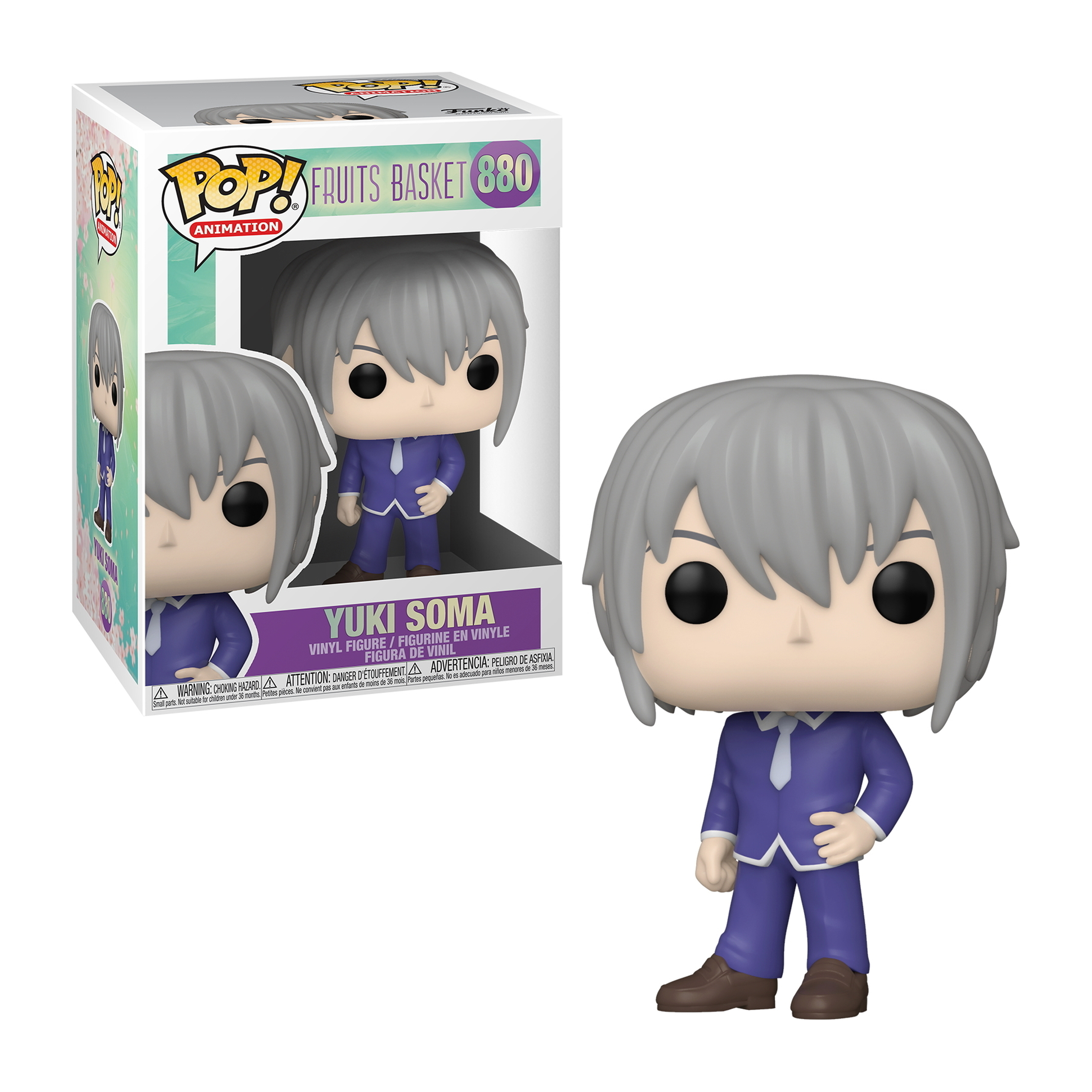 Yuki Soma Funko Pop Figur in einer Box. Figur im blauen Anzug und grauen Haaren. Weißer Hintergrund.