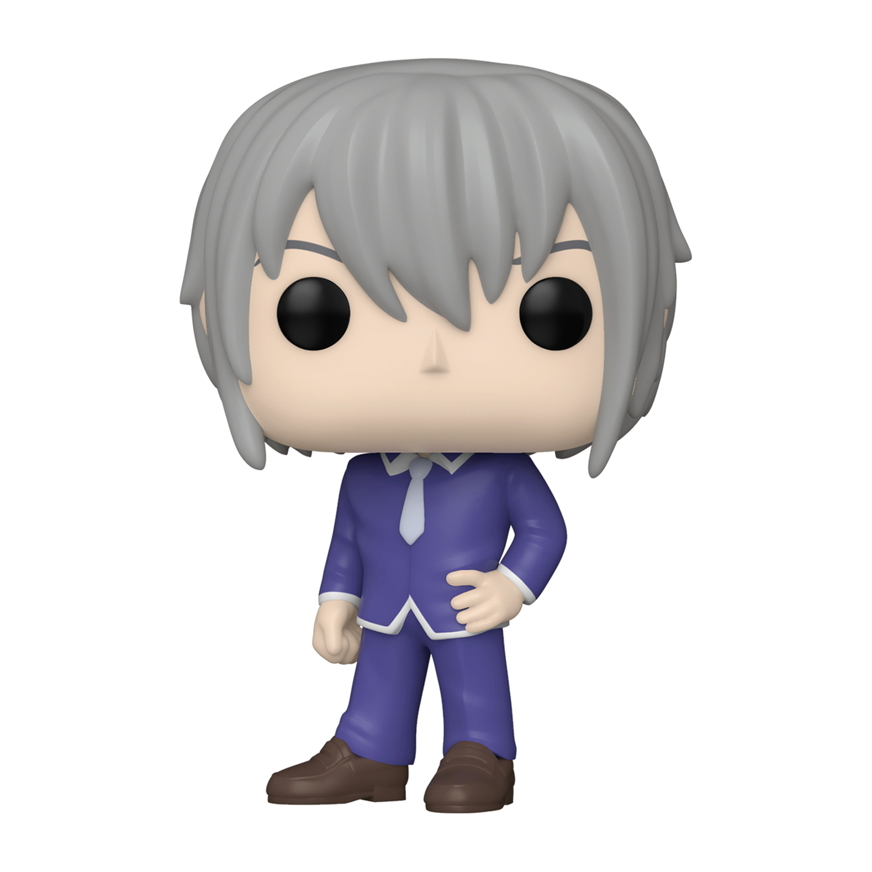 Funko Pop Figur eines Mannes mit grauem Haar und blauem Anzug. Er hat schwarze Augen und eine weiße Krawatte.