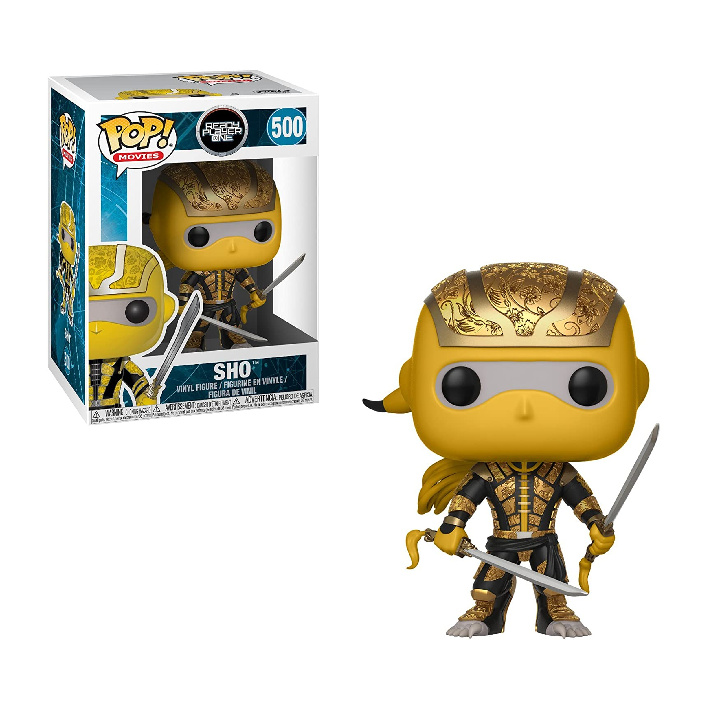Sho-Figur aus Ready Player One. Er hat einen gelben Kopf und hält zwei Schwerter.